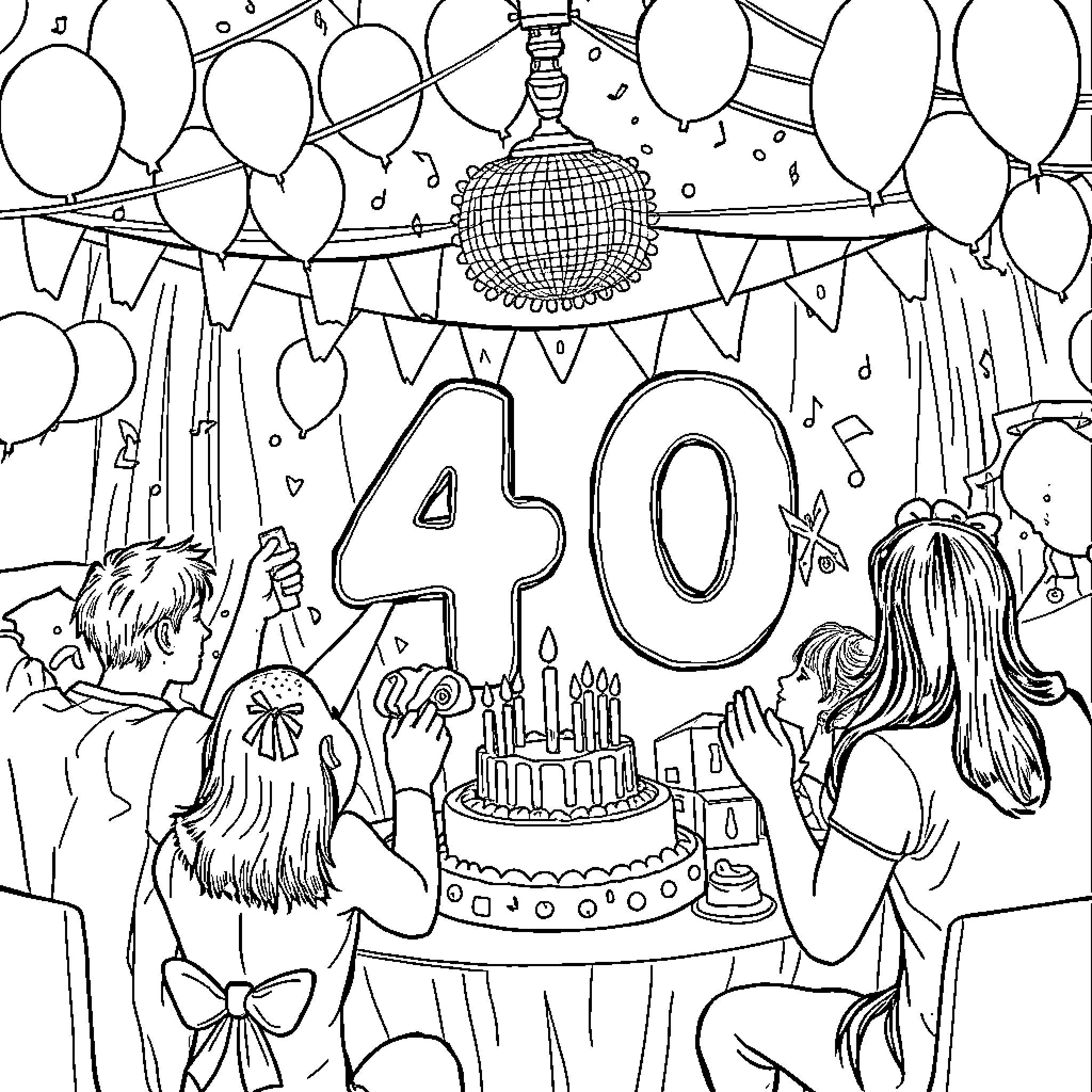 K Pop Party Celebration with Balloons and Cake Coloring Page (free black-and-white line drawing printable PDF for all, from beginners to advanced learners, including children, teens, adults, and seniors)