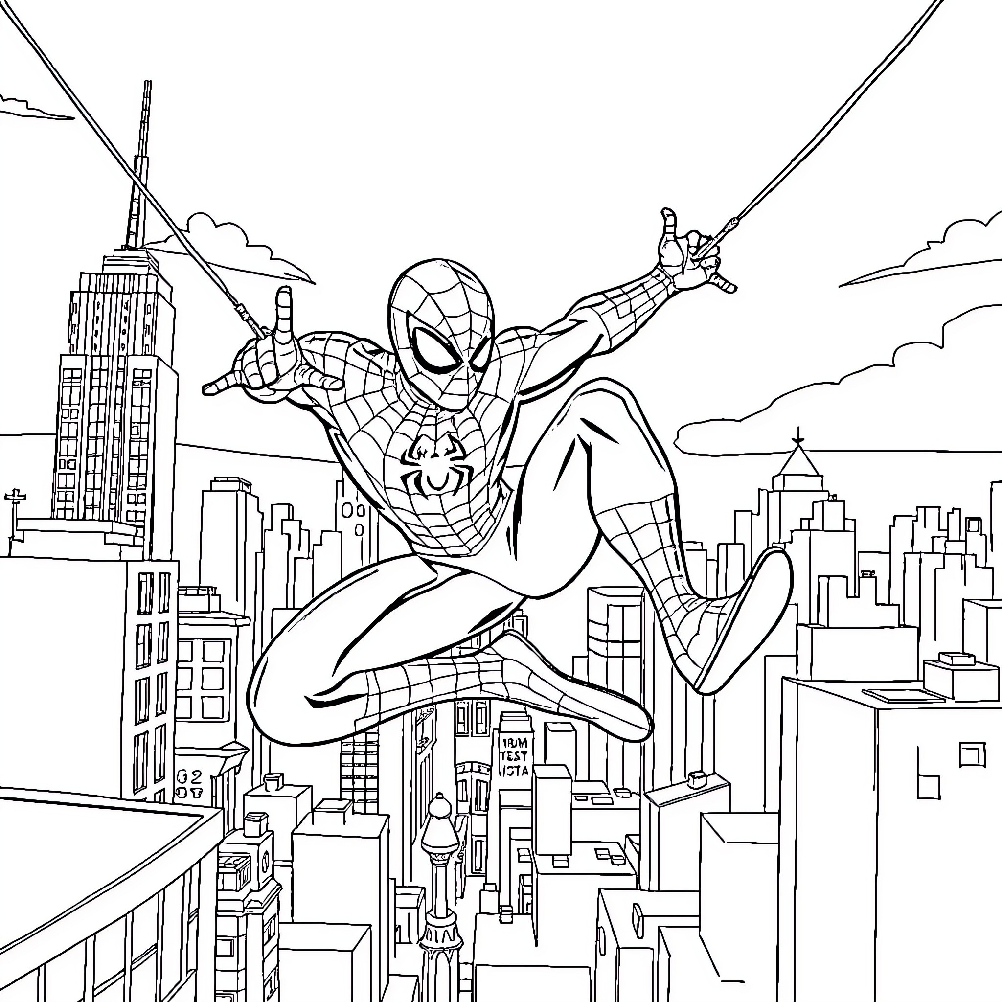 Spiderman swinging through the city skyline Coloring Page (free black-and-white line drawing printable PDF for all, from beginners to advanced learners, including children, teens, adults, and seniors)