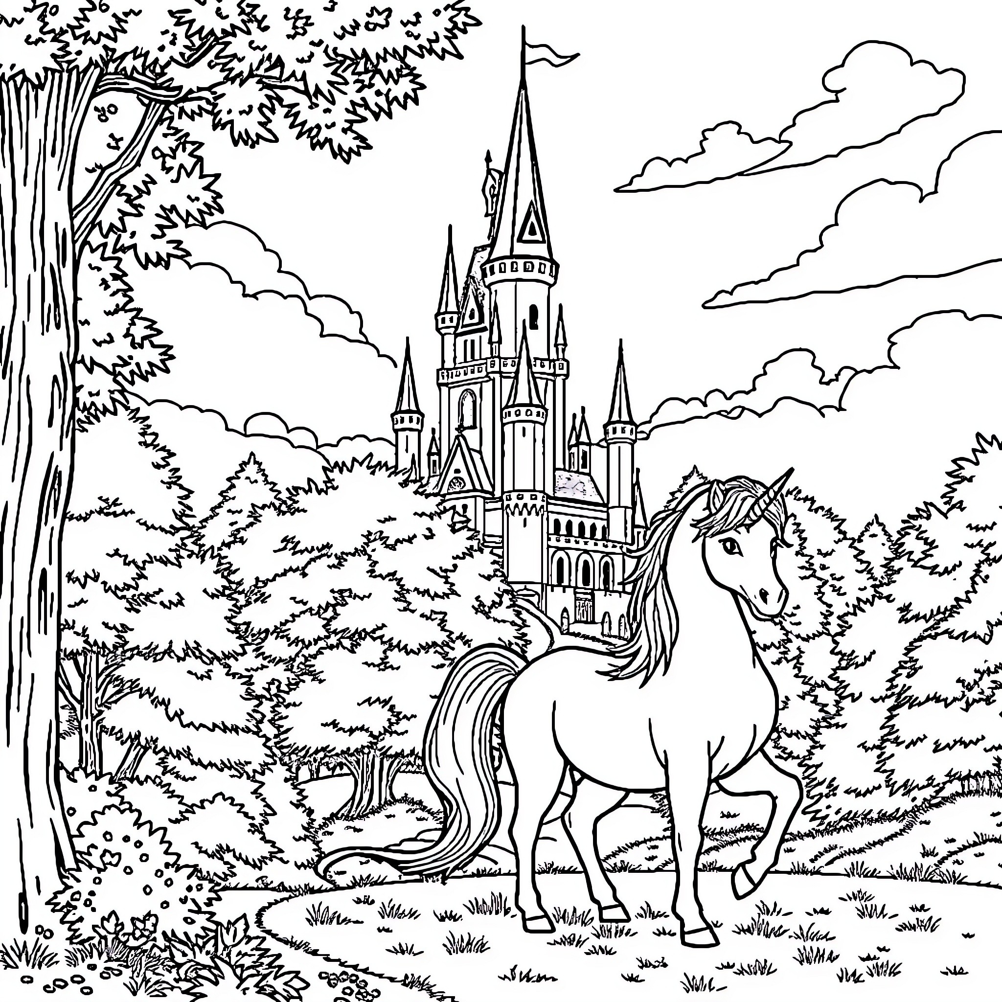 Castle with unicorn in enchanted forest Coloring Page (free black-and-white line drawing printable PDF for all, from beginners to advanced learners, including children, teens, adults, and seniors)
