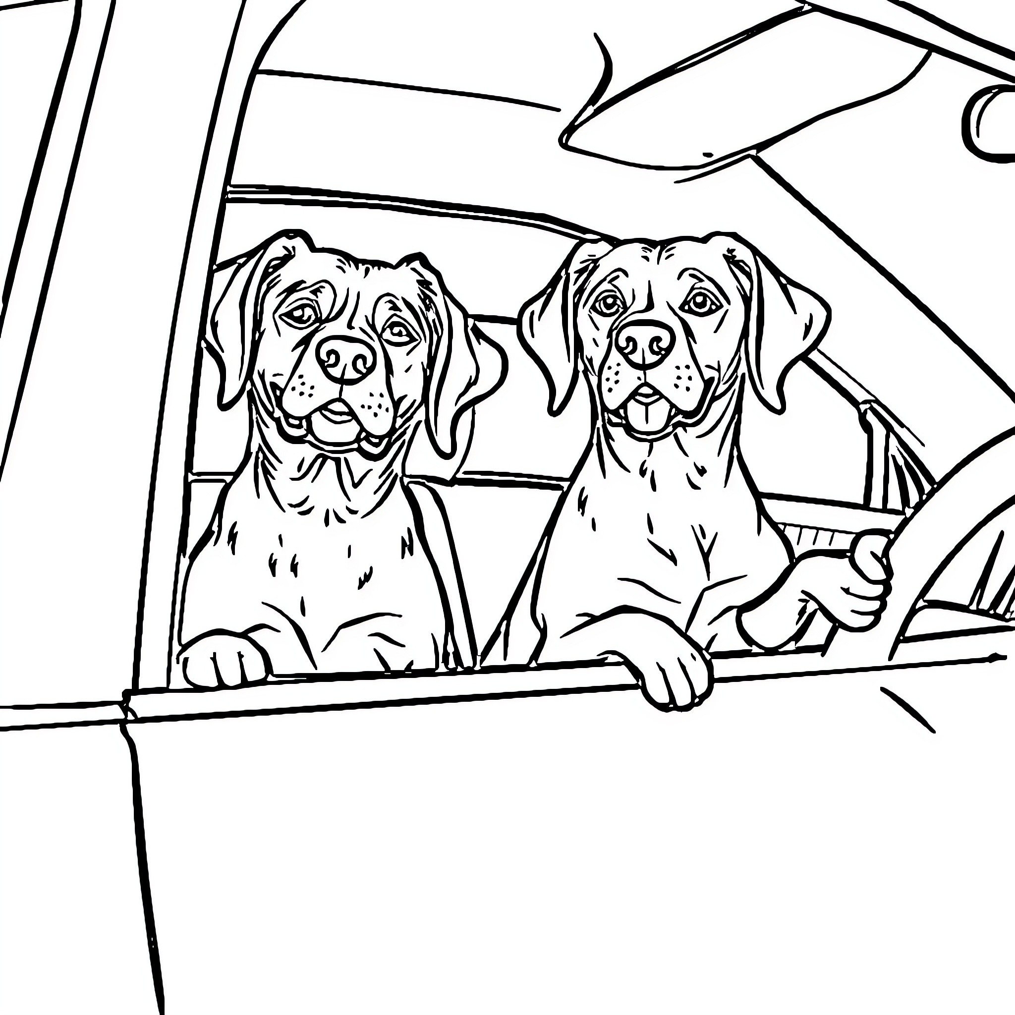 Dog friends sitting in a car window Coloring Page (free black-and-white line drawing printable PDF for all, from beginners to advanced learners, including children, teens, adults, and seniors)