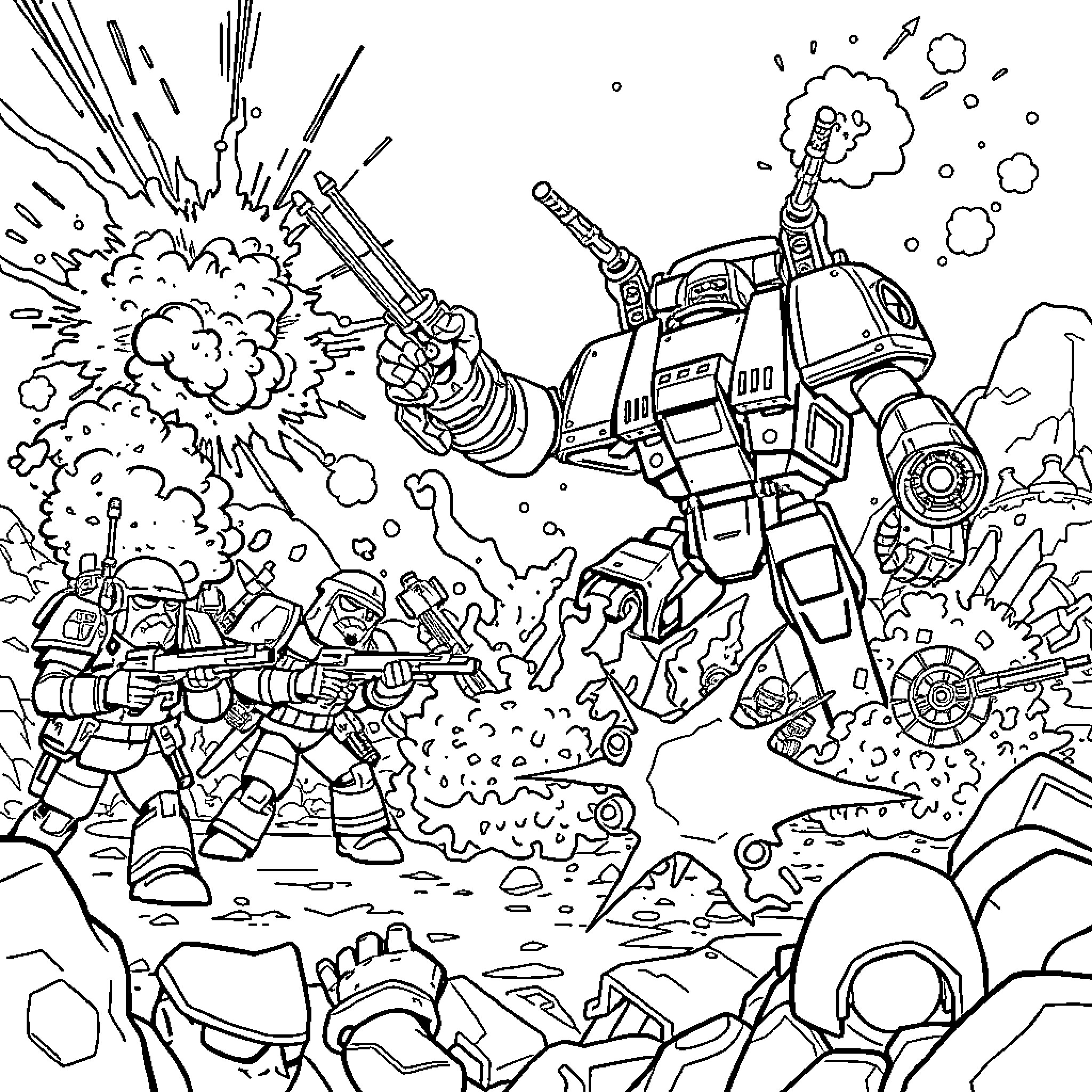 Warhammer: Epic Battle with Futuristic Machines Coloring Page (free black-and-white line drawing printable PDF for all, from beginners to advanced learners, including children, teens, adults, and seniors)