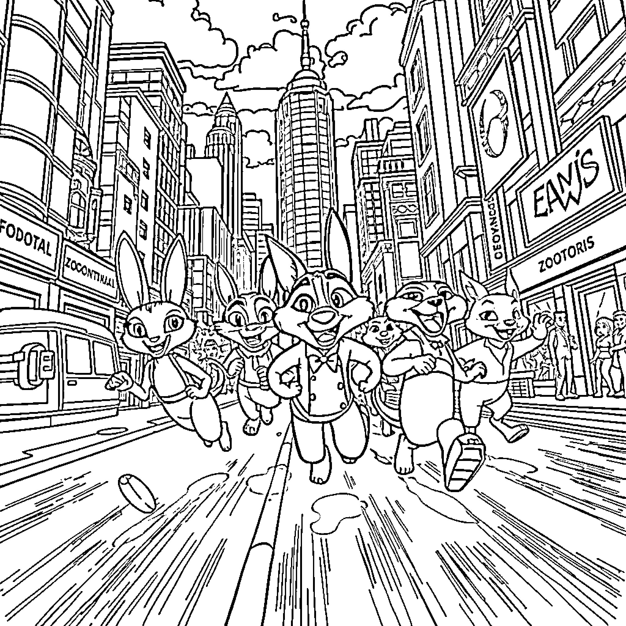 Zootopia - Animals Rushing Through the City Coloring Page (free black-and-white line drawing printable PDF for all, from beginners to advanced learners, including children, teens, adults, and seniors)