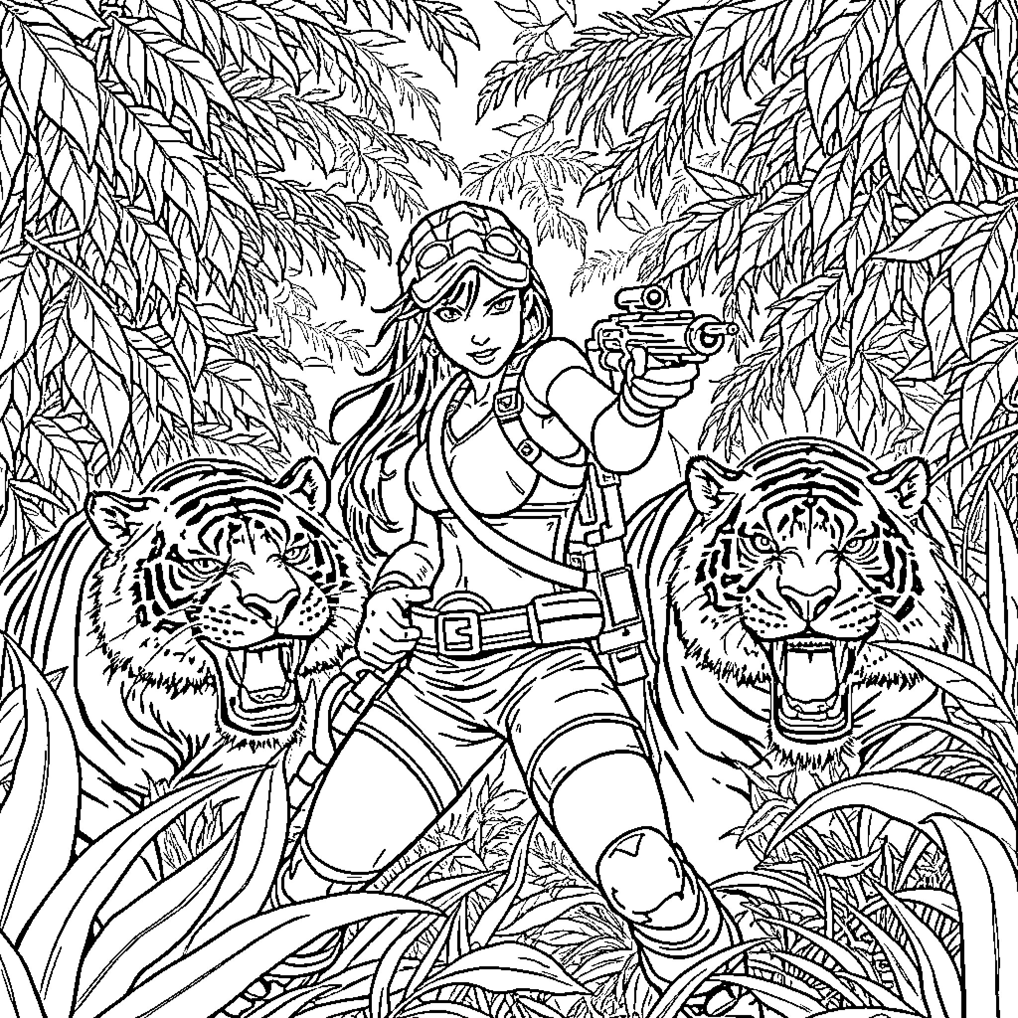 Lara Croft's Jungle Adventure with Tigers Coloring Page (free black-and-white line drawing printable PDF for all, from beginners to advanced learners, including children, teens, adults, and seniors)