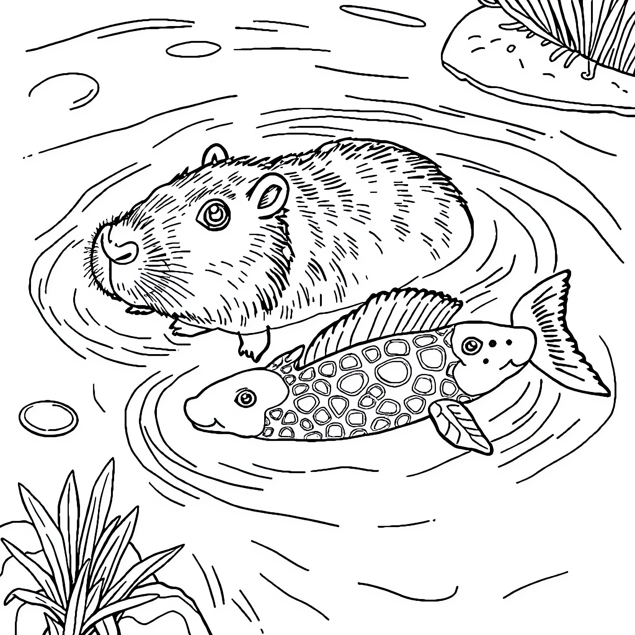 Capybara and fish swimming in pond Coloring Page (free black-and-white line drawing printable PDF for all, from beginners to advanced learners, including children, teens, adults, and seniors)