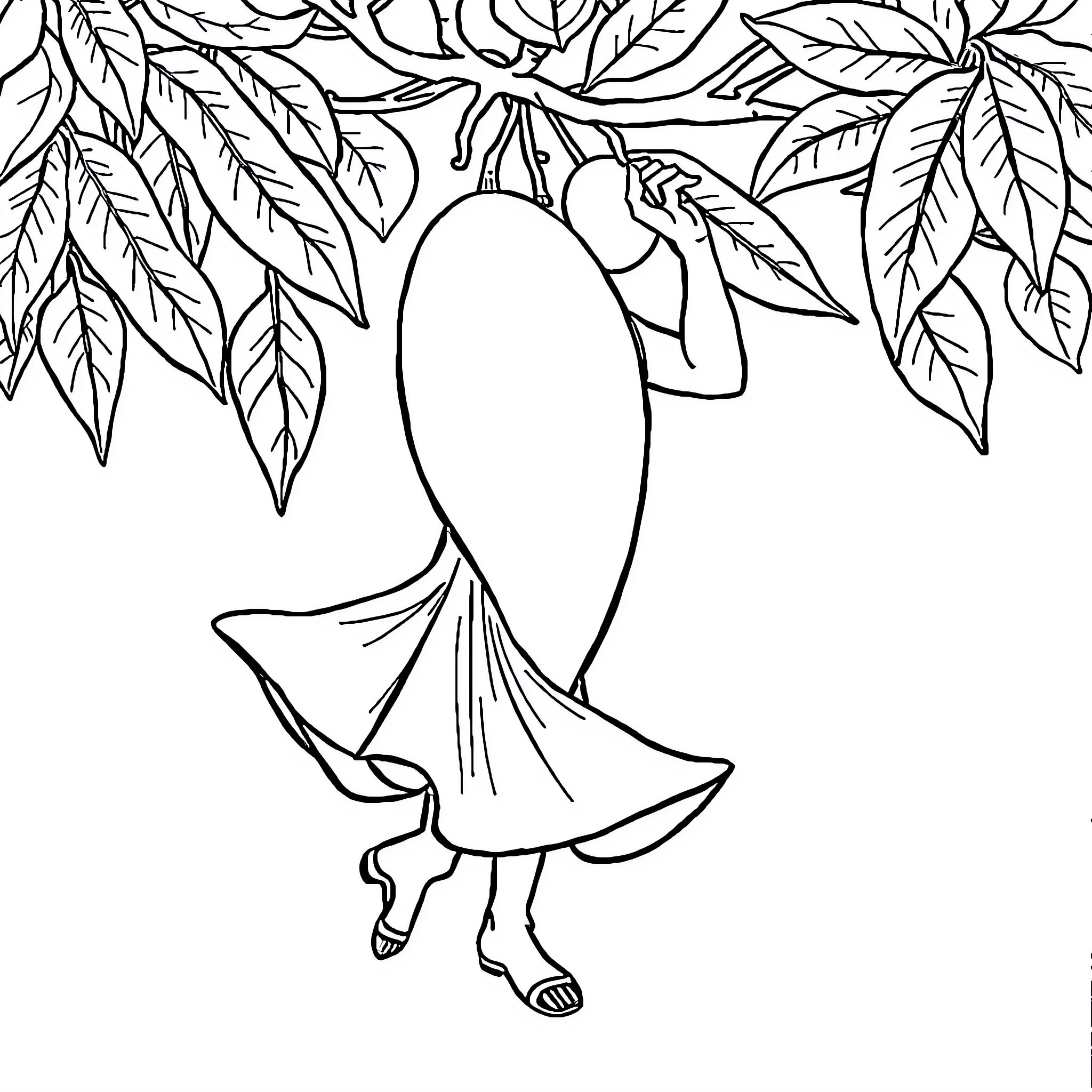 Mango growing on a lush tropical tree Coloring Page (free black-and-white line drawing printable PDF for all, from beginners to advanced learners, including children, teens, adults, and seniors)