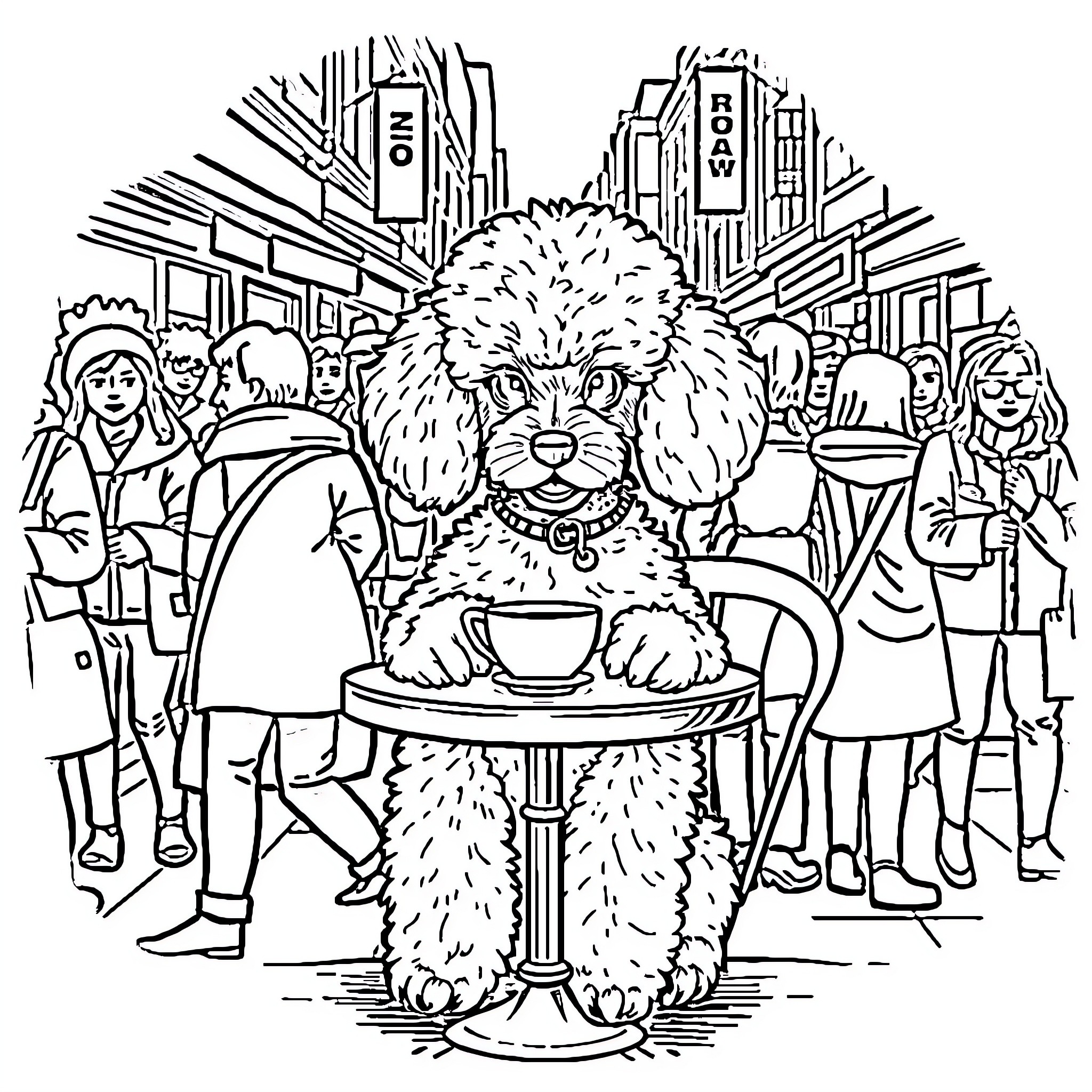 Poodle enjoying a hot beverage in a lively city scene Coloring Page (free black-and-white line drawing printable PDF for all, from beginners to advanced learners, including children, teens, adults, and seniors)