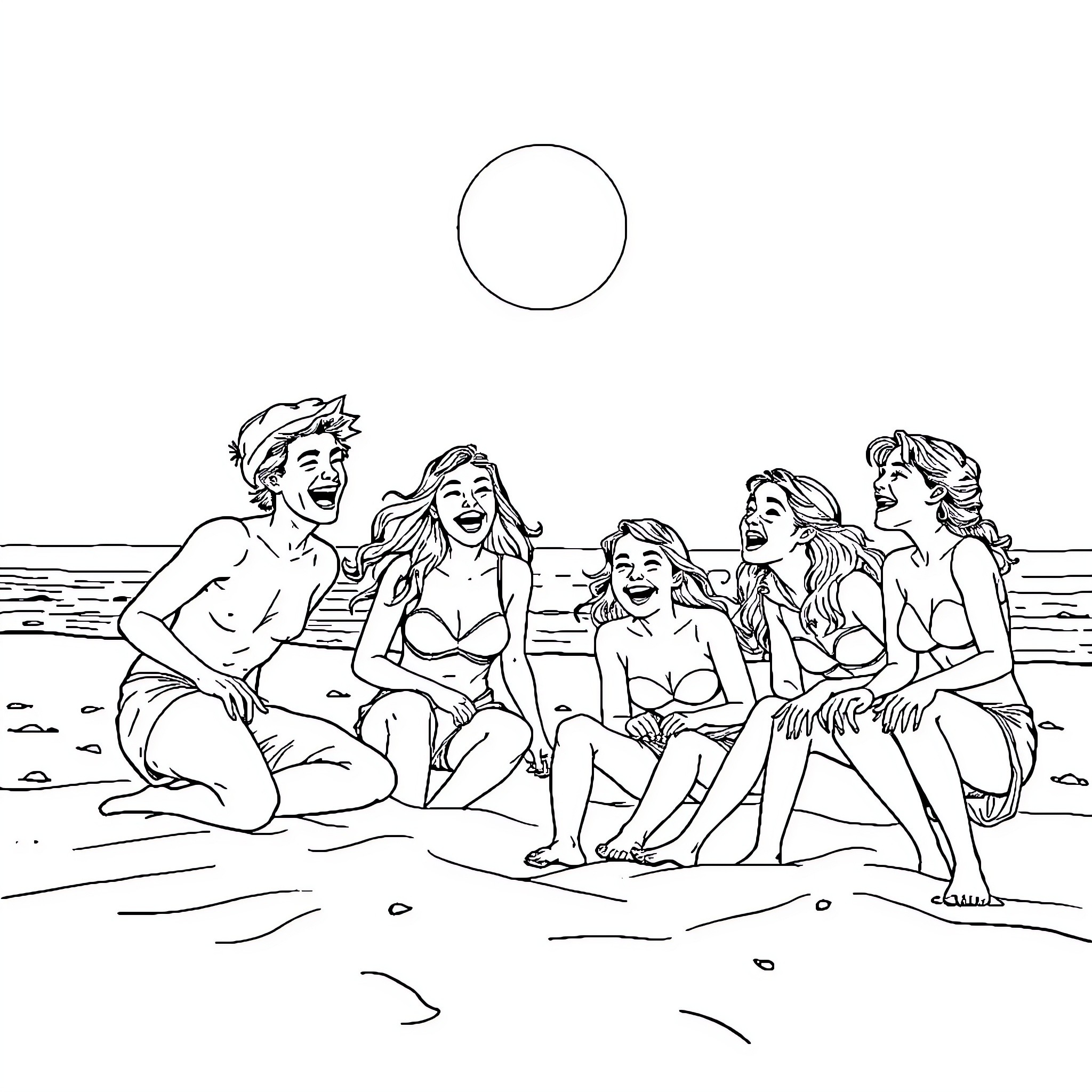 Friend's summer beach outing with laughter and joy Coloring Page (free black-and-white line drawing printable PDF for all, from beginners to advanced learners, including children, teens, adults, and seniors)