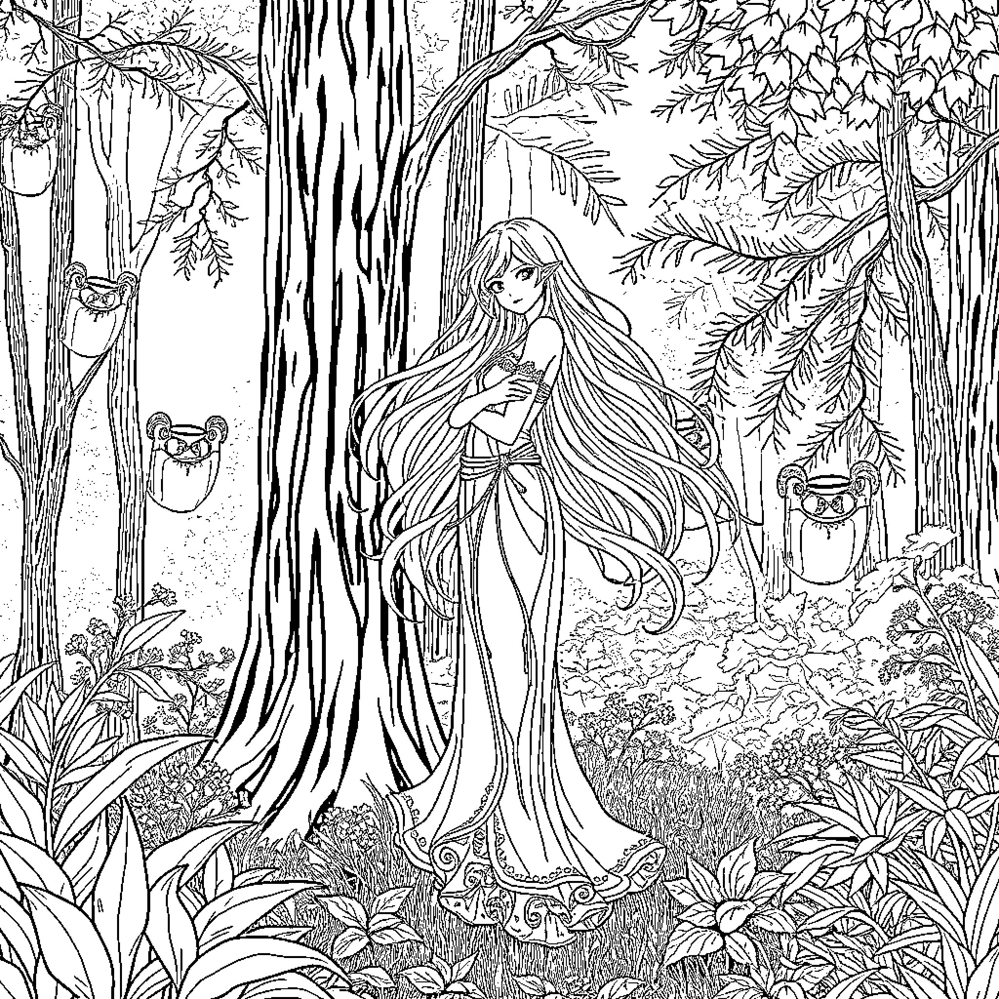 Fantasy Girl amidst Enchanted Forest Surroundings Coloring Page (free black-and-white line drawing printable PDF for all, from beginners to advanced learners, including children, teens, adults, and seniors)