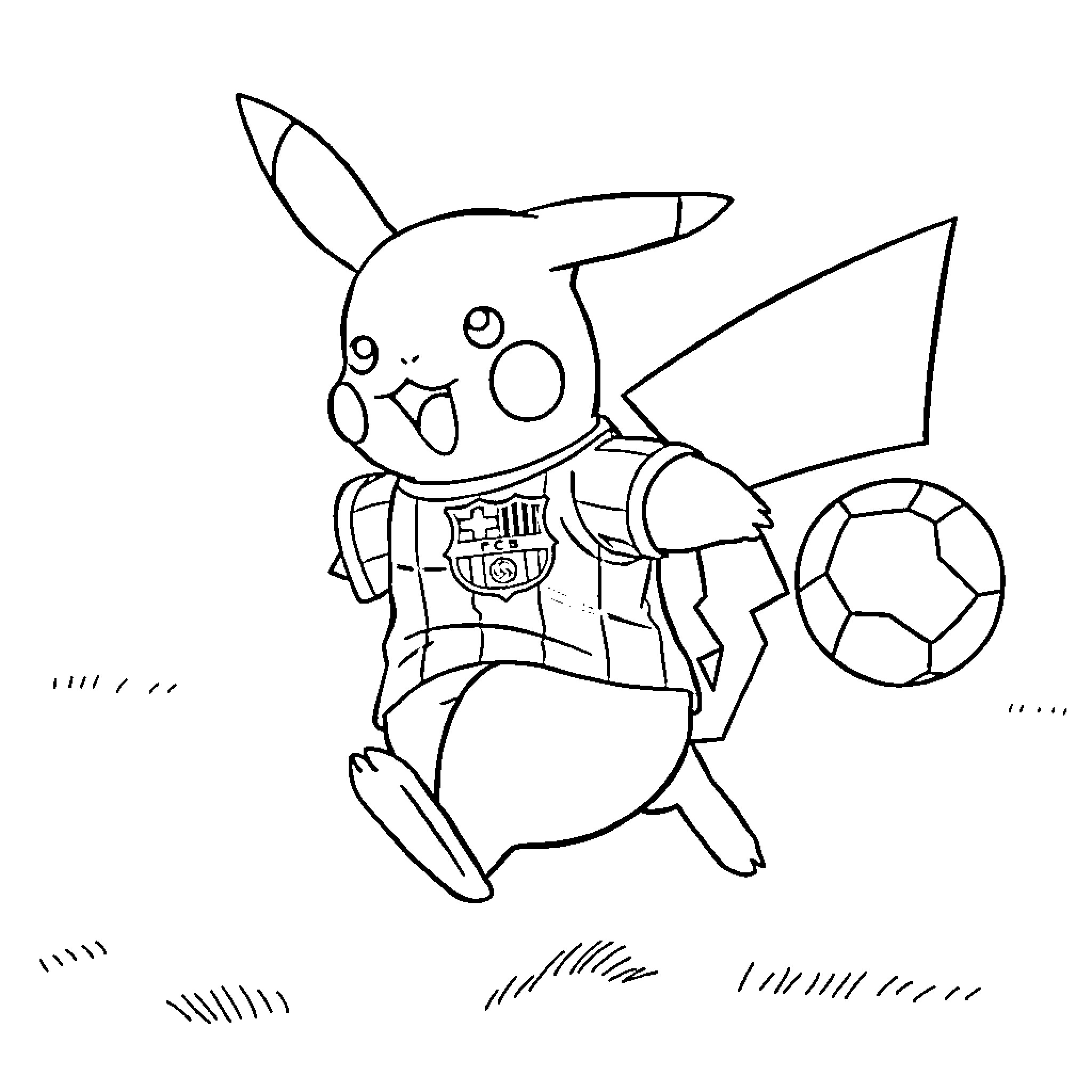 Pikachu playing football with a soccer ball Coloring Page (free black-and-white line drawing printable PDF for all, from beginners to advanced learners, including children, teens, adults, and seniors)