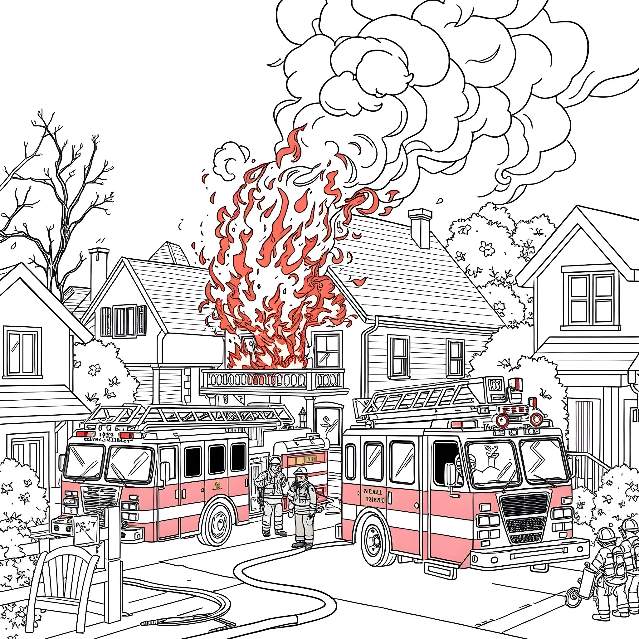 Firefighters Battling Blaze in Residential Neighborhood Coloring Page (free black-and-white line drawing printable PDF for all, from beginners to advanced learners, including children, teens, adults, and seniors)