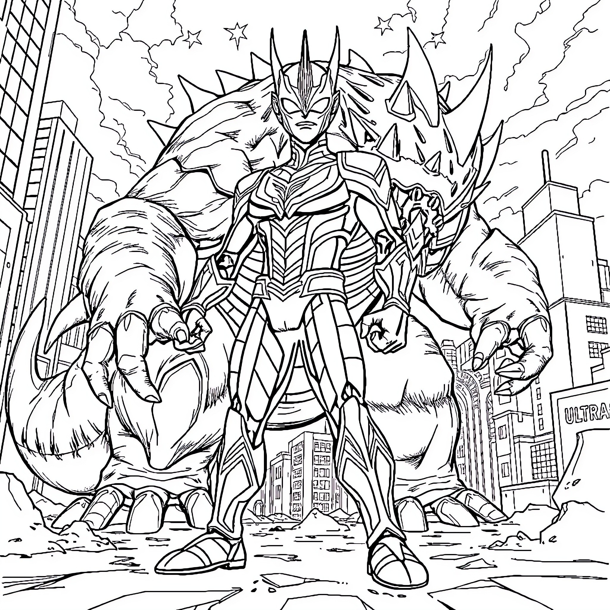 Ultraman: Heroic Warrior Rises to Defend the City Coloring Page (free black-and-white line drawing printable PDF for all, from beginners to advanced learners, including children, teens, adults, and seniors)