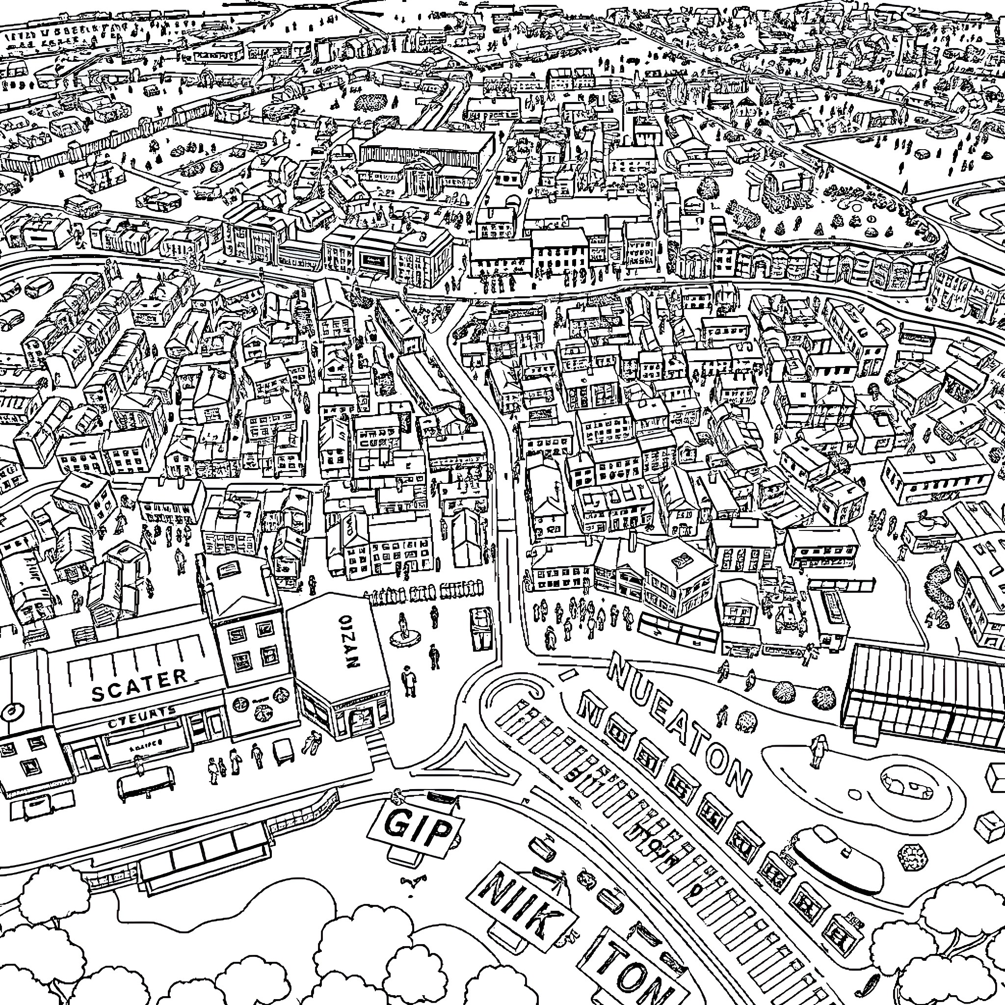 Map of a Bustling Urban Landscape Coloring Page (free black-and-white line drawing printable PDF for all, from beginners to advanced learners, including children, teens, adults, and seniors)