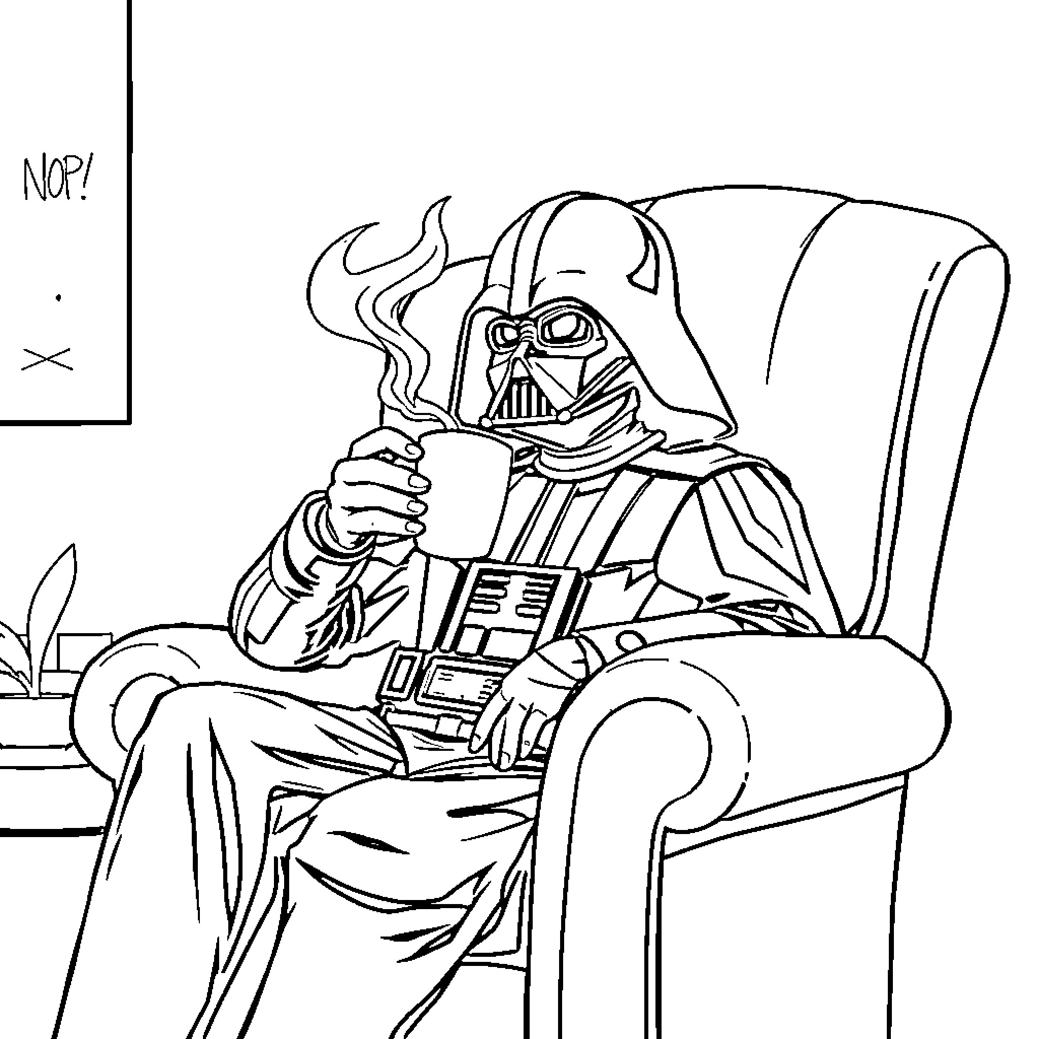 Darth Vader relaxing in armchair with book Coloring Page (free black-and-white line drawing printable PDF for all, from beginners to advanced learners, including children, teens, adults, and seniors)