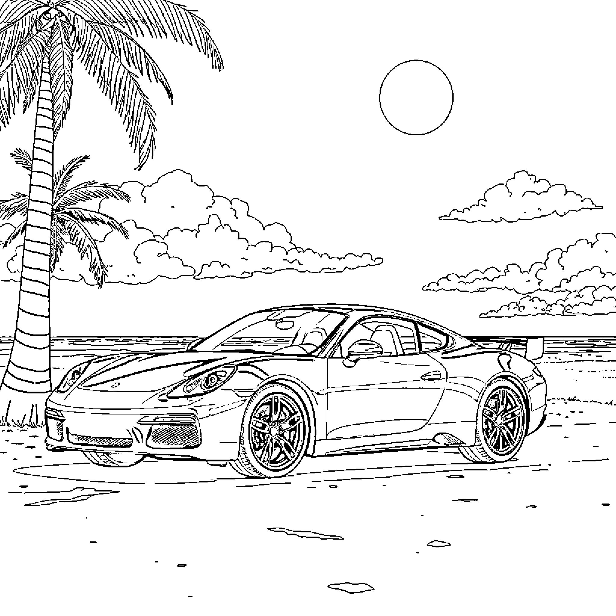 Auto sports car on tropical beach Coloring Page (free black-and-white line drawing printable PDF for all, from beginners to advanced learners, including children, teens, adults, and seniors)