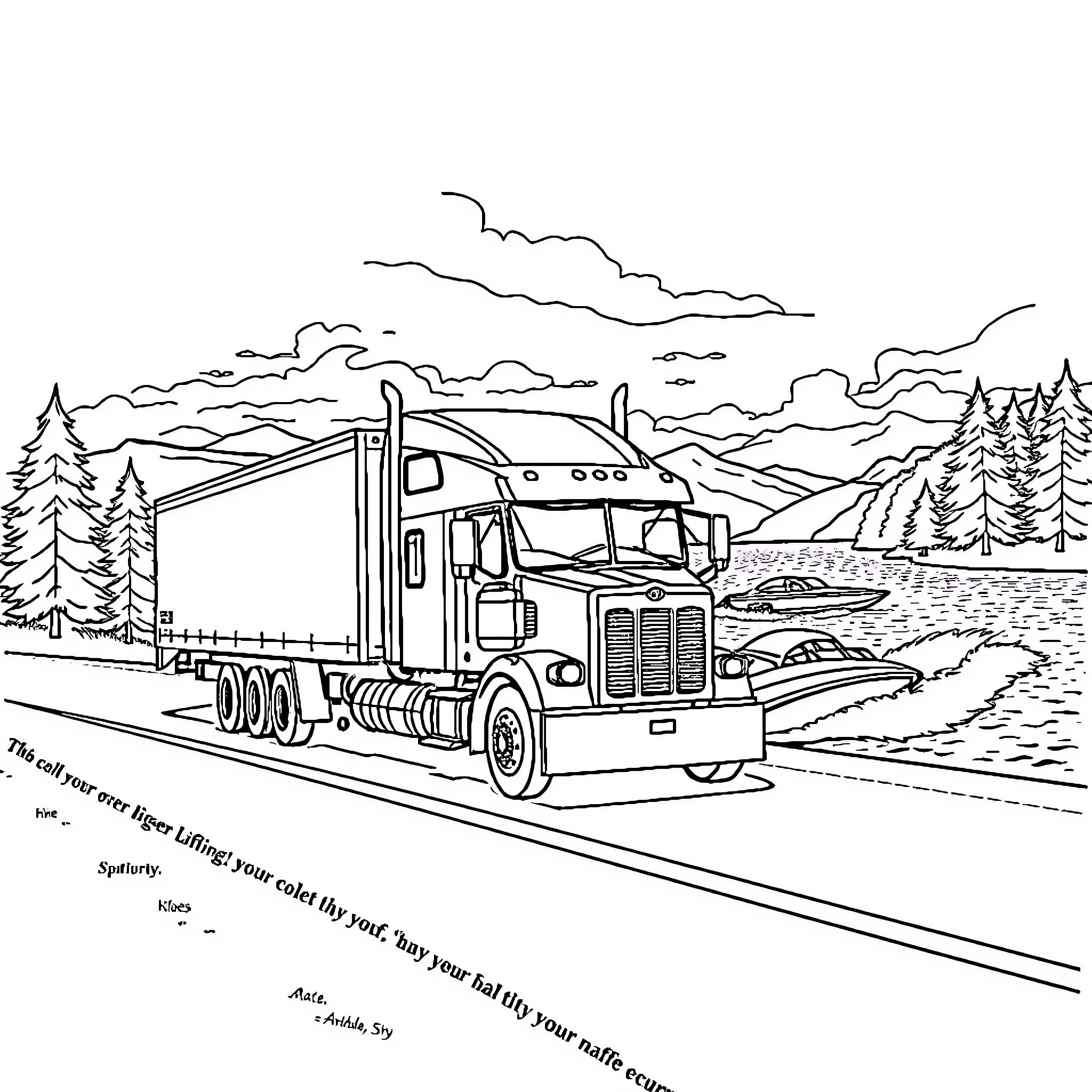 Truck traversing scenic countryside landscape Coloring Page (free black-and-white line drawing printable PDF for all, from beginners to advanced learners, including children, teens, adults, and seniors)