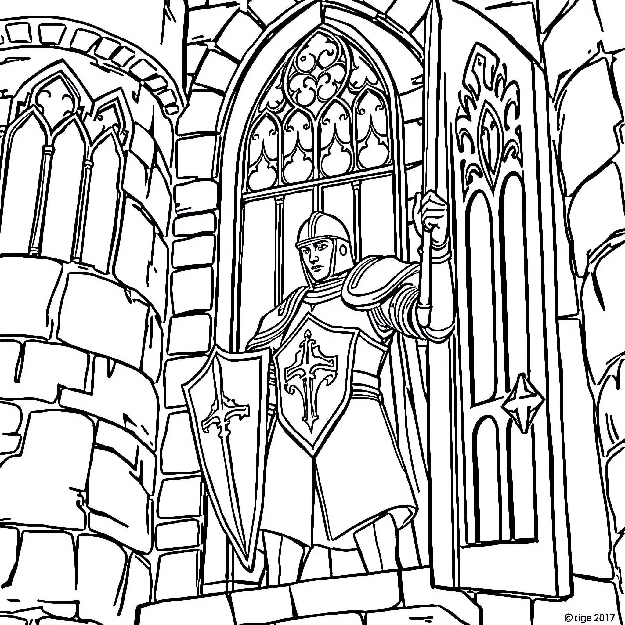 Knight standing bravely in a medieval castle Coloring Page (free black-and-white line drawing printable PDF for all, from beginners to advanced learners, including children, teens, adults, and seniors)