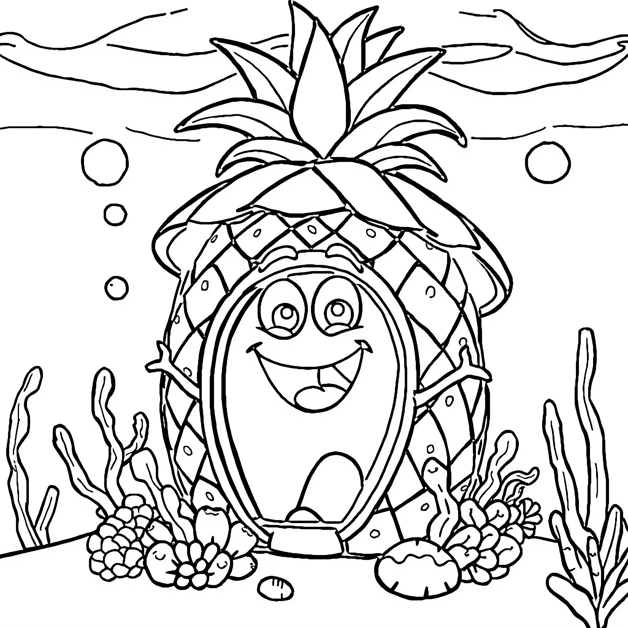 Spongebob pineapple home with underwater scenery Coloring Page (free black-and-white line drawing printable PDF for all, from beginners to advanced learners, including children, teens, adults, and seniors)