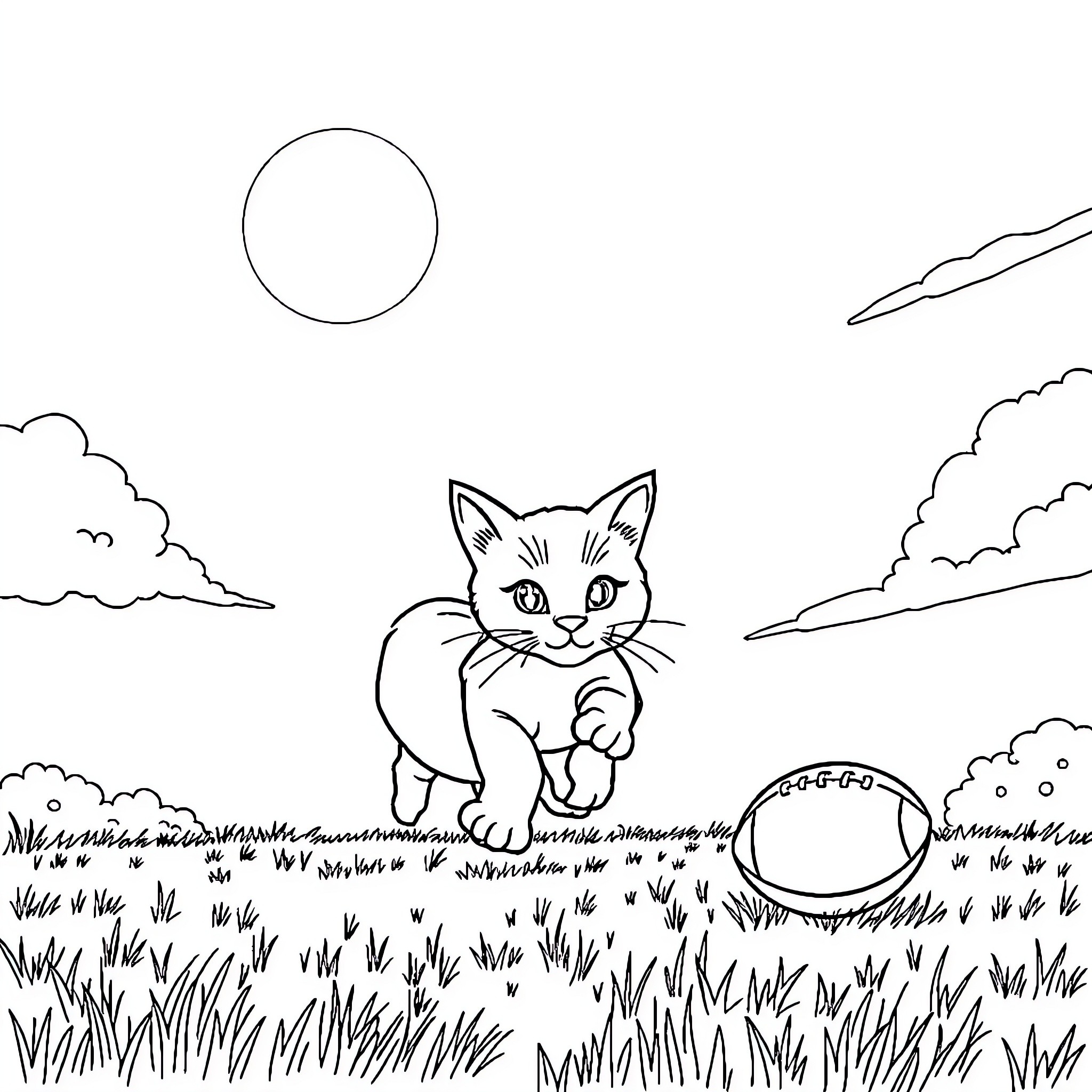 Cat playing in the grassy field Coloring Page (free black-and-white line drawing printable PDF for all, from beginners to advanced learners, including children, teens, adults, and seniors)