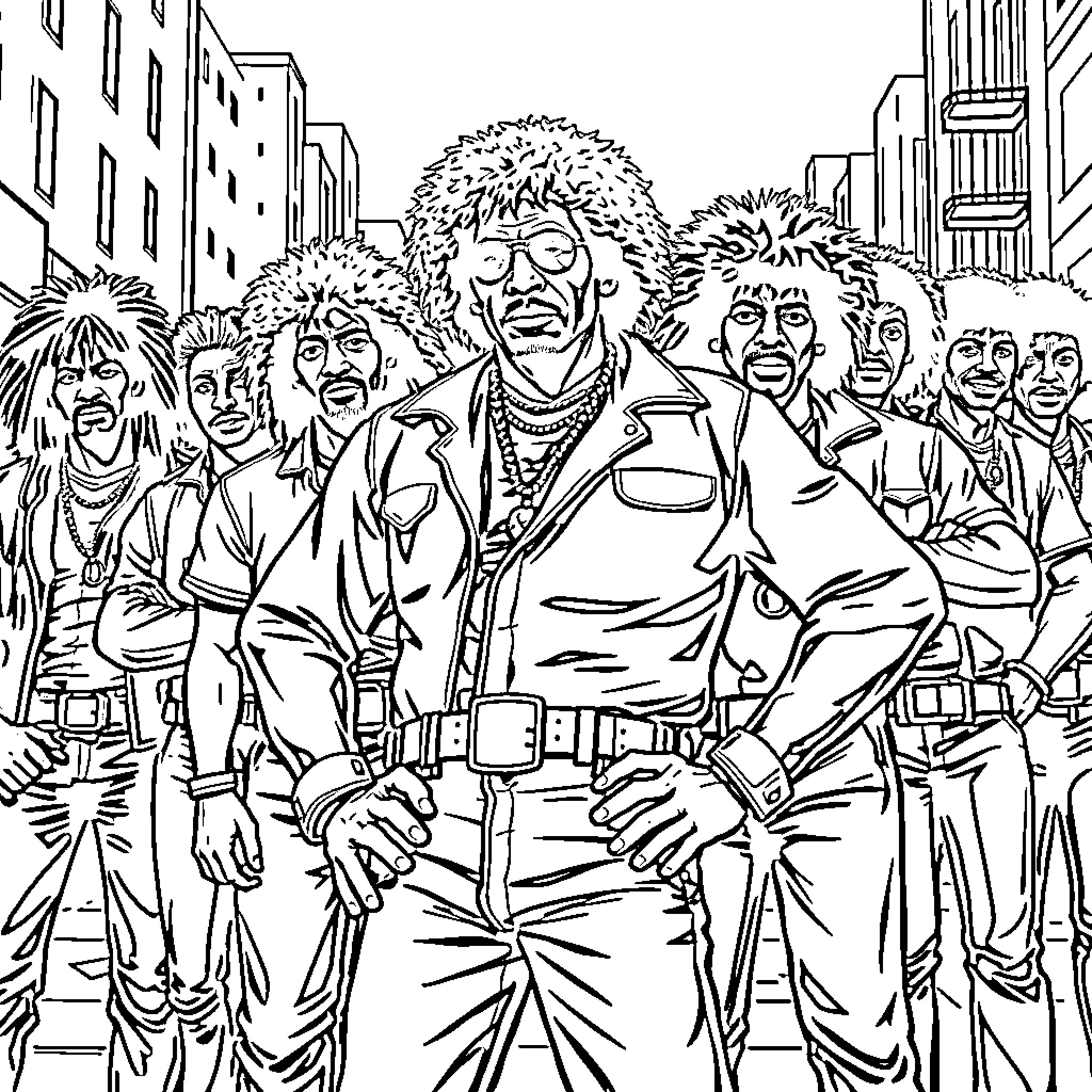 Cleon and his crew in the bustling city streets Coloring Page (free black-and-white line drawing printable PDF for all, from beginners to advanced learners, including children, teens, adults, and seniors)