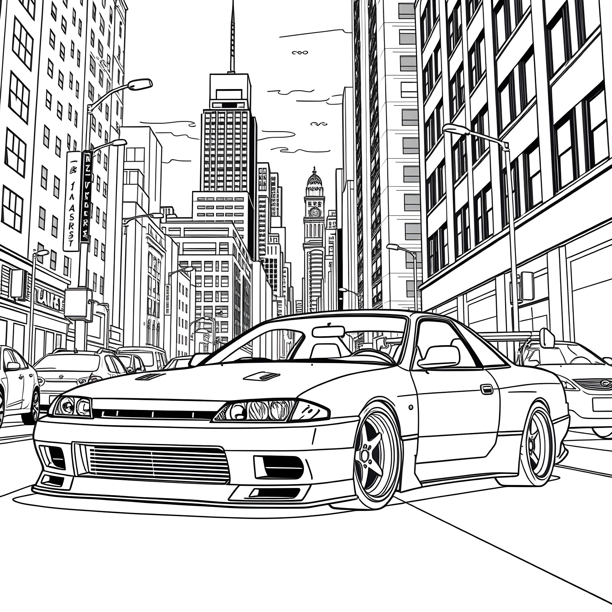 Nissan Silvia racing through the city streets Coloring Page (free black-and-white line drawing printable PDF for all, from beginners to advanced learners, including children, teens, adults, and seniors)