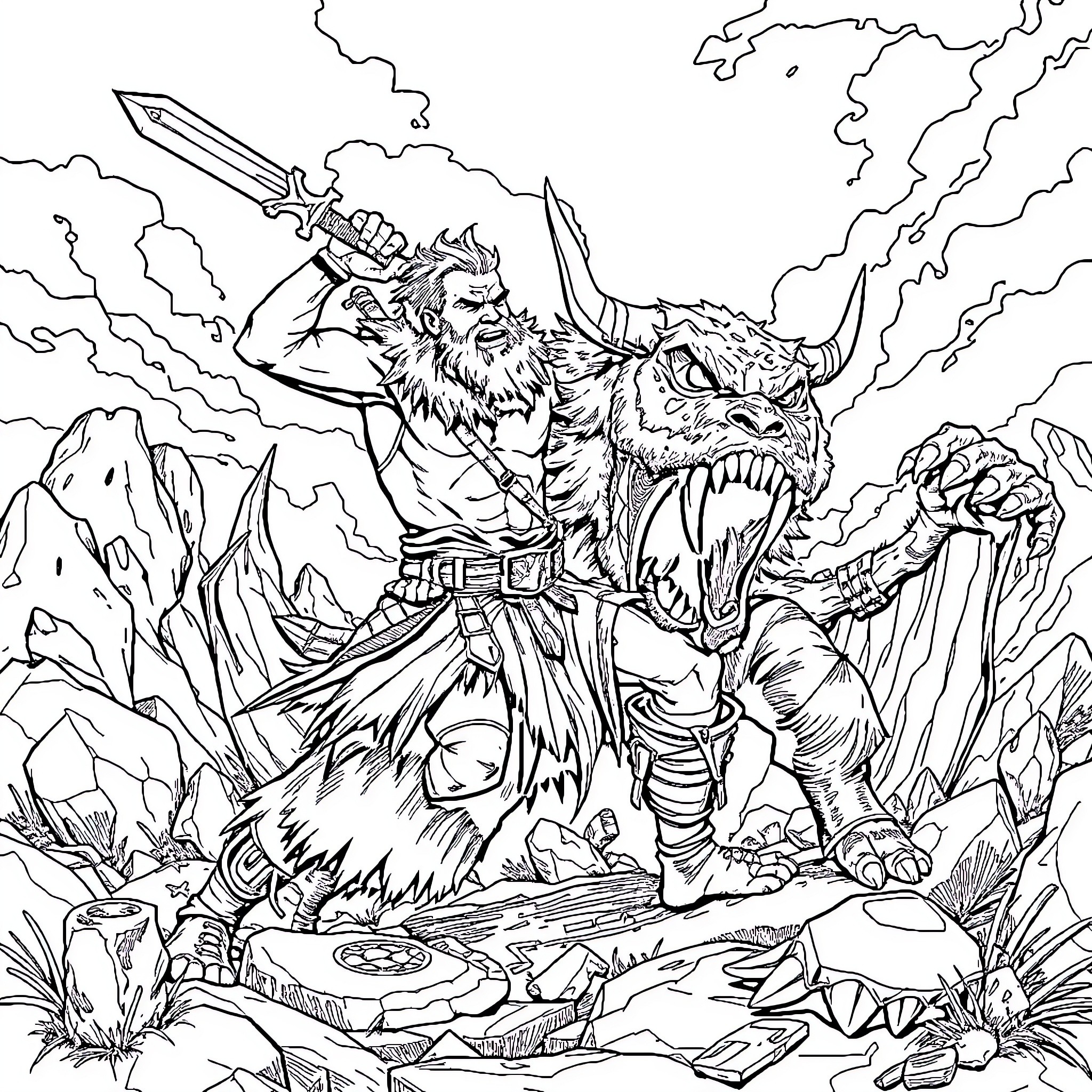 Barbarian warrior wielding a sword with a ferocious beast Coloring Page (free black-and-white line drawing printable PDF for all, from beginners to advanced learners, including children, teens, adults, and seniors)