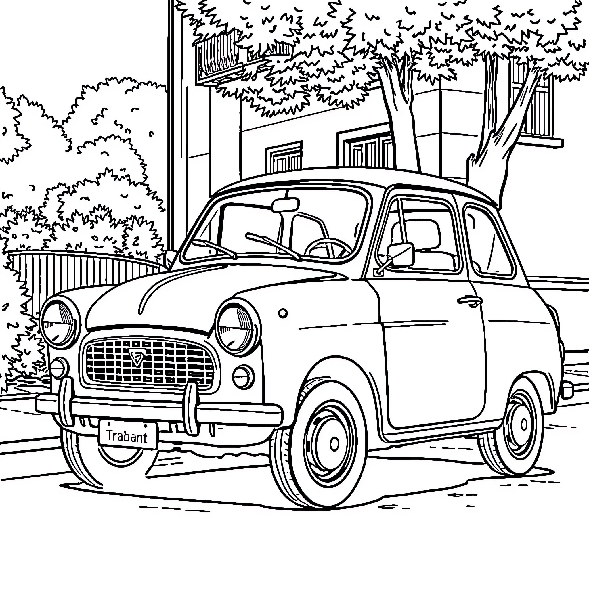 Trabant Vintage Car in Urban Setting Coloring Page (free black-and-white line drawing printable PDF for all, from beginners to advanced learners, including children, teens, adults, and seniors)