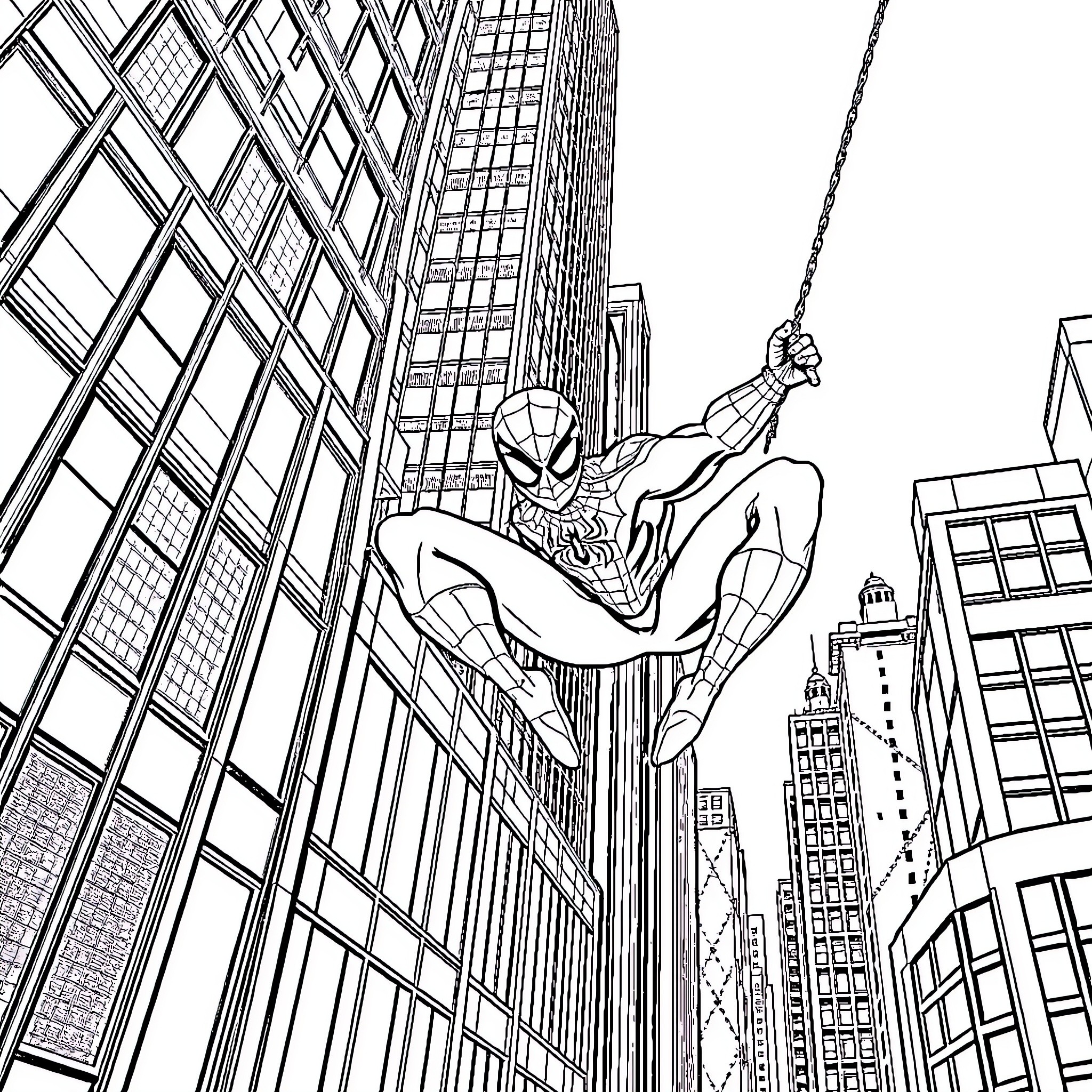 Spiderman swinging through the city skyline Coloring Page (free black-and-white line drawing printable PDF for all, from beginners to advanced learners, including children, teens, adults, and seniors)