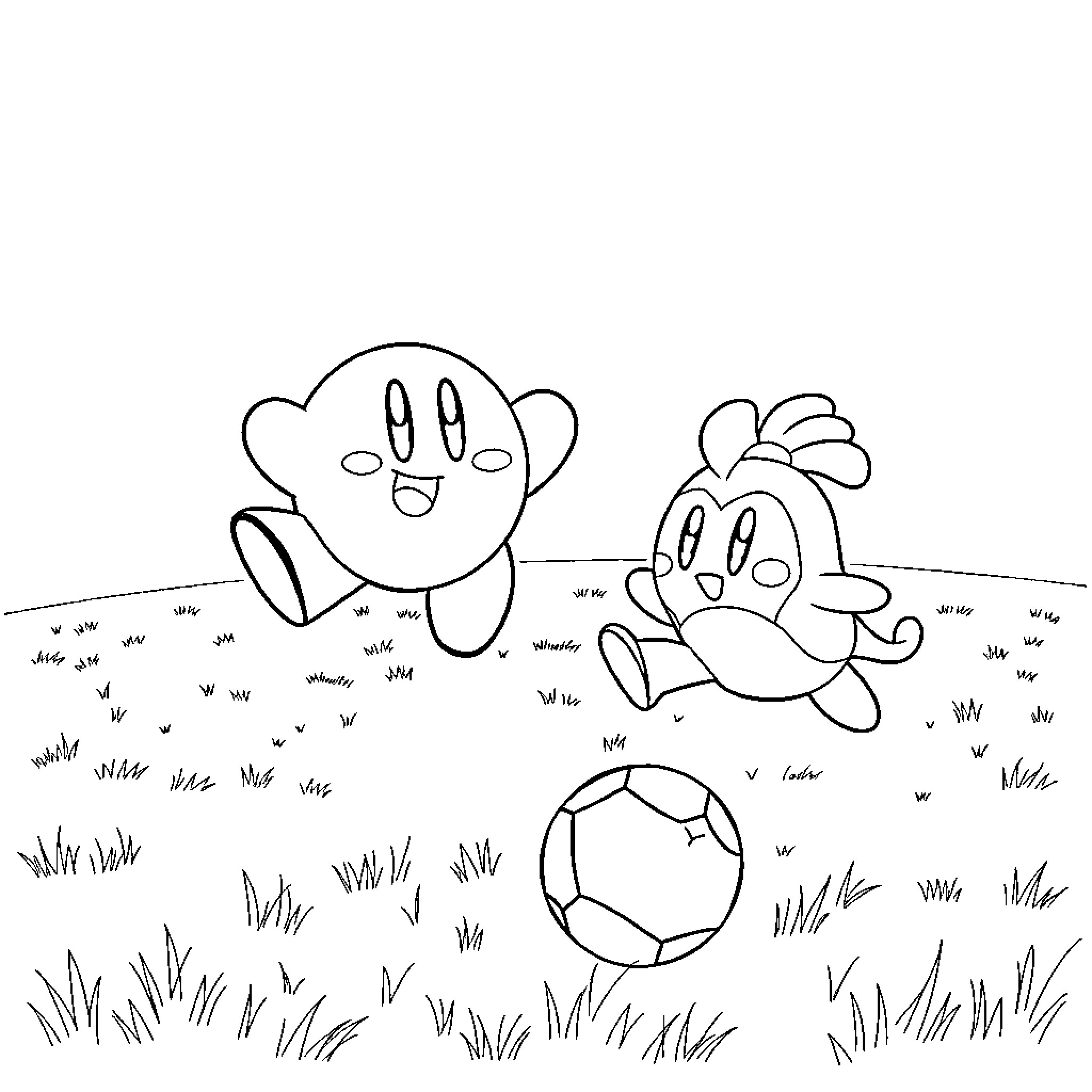 Kirby and friends playing with a soccer ball Coloring Page (free black-and-white line drawing printable PDF for all, from beginners to advanced learners, including children, teens, adults, and seniors)
