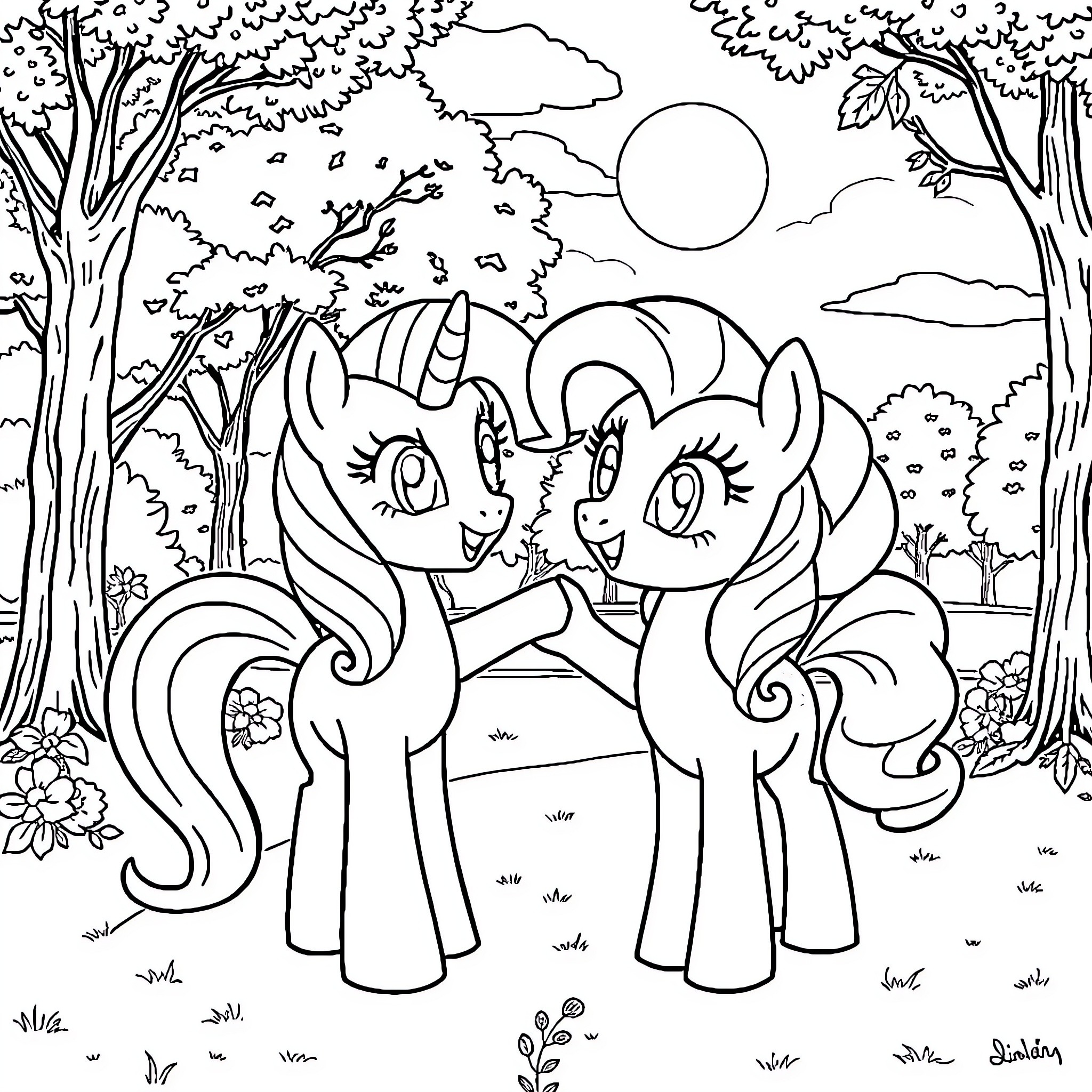Friend in Enchanted Forest Coloring Page (free black-and-white line drawing printable PDF for all, from beginners to advanced learners, including children, teens, adults, and seniors)
