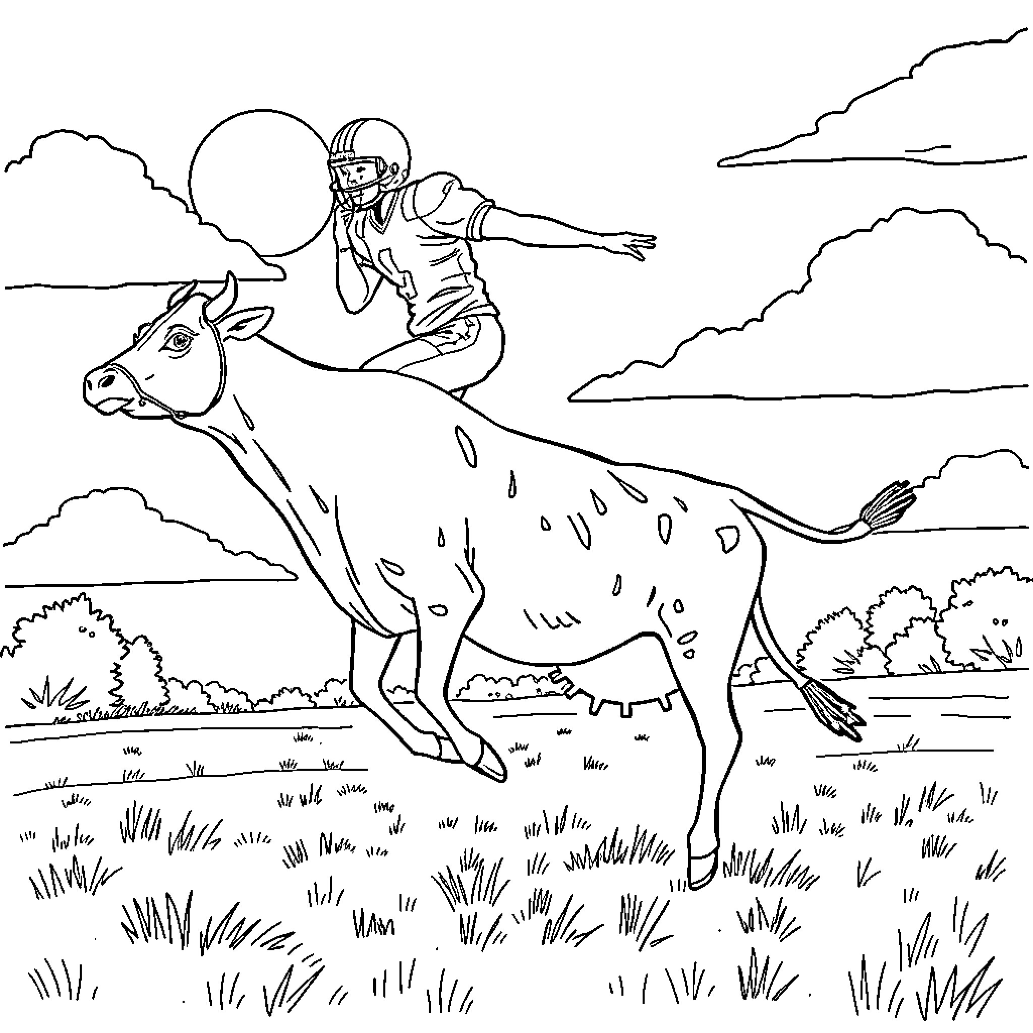 Football Player Riding Spotted Creature Through Countryside Coloring Page (free black-and-white line drawing printable PDF for all, from beginners to advanced learners, including children, teens, adults, and seniors)