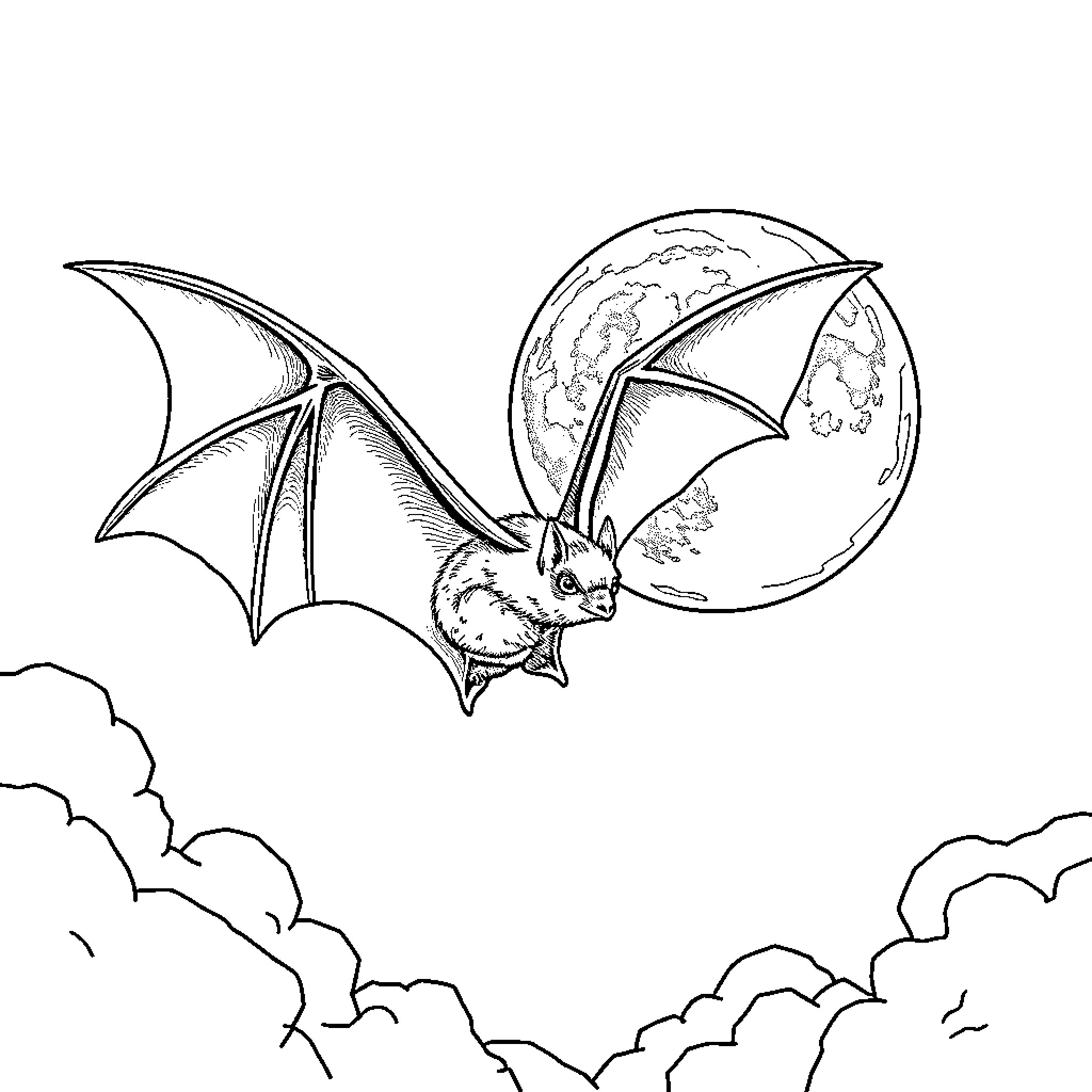 Bat soaring above the clouds on a moonlit night Coloring Page (free black-and-white line drawing printable PDF for all, from beginners to advanced learners, including children, teens, adults, and seniors)