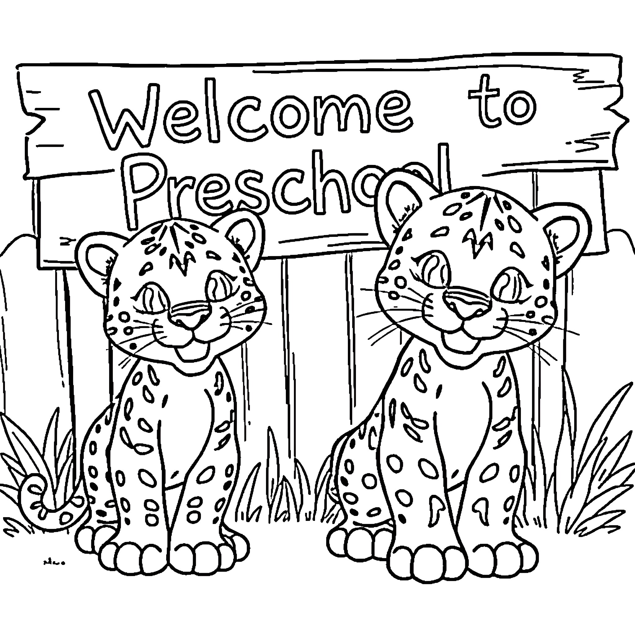 Panther cubs welcoming visitors to preschool Coloring Page (free black-and-white line drawing printable PDF for all, from beginners to advanced learners, including children, teens, adults, and seniors)