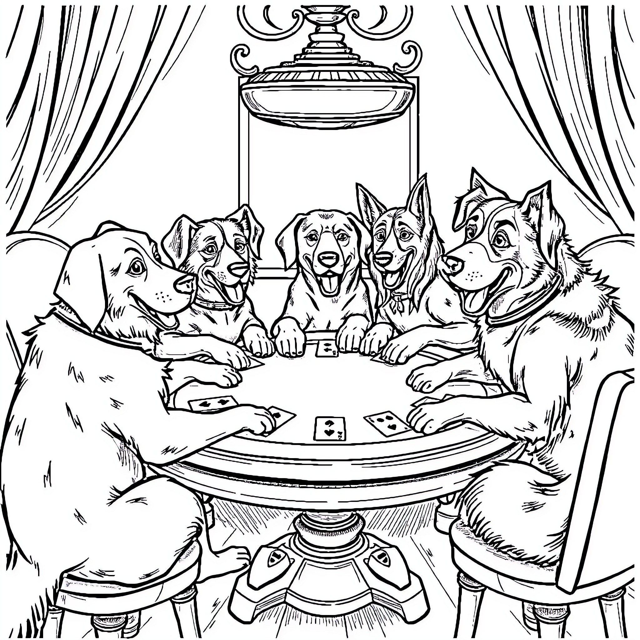 Dogs playing poker in a fancy room Coloring Page (free black-and-white line drawing printable PDF for all, from beginners to advanced learners, including children, teens, adults, and seniors)