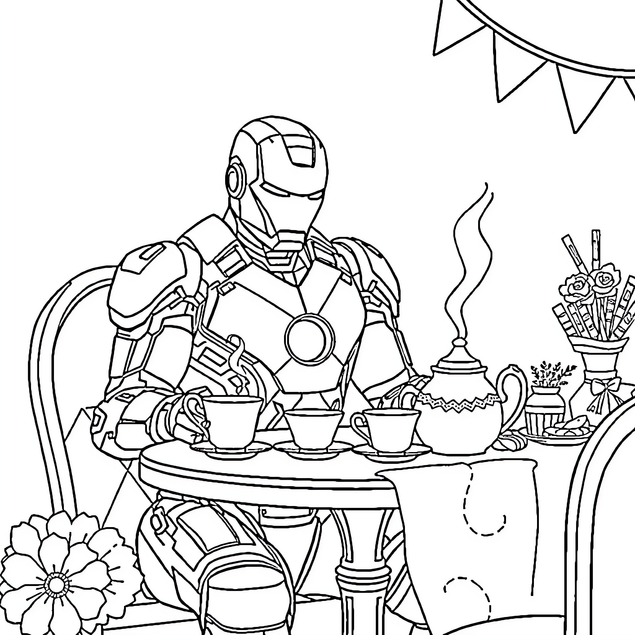 Ironman enjoying a tea party with decorations Coloring Page (free black-and-white line drawing printable PDF for all, from beginners to advanced learners, including children, teens, adults, and seniors)