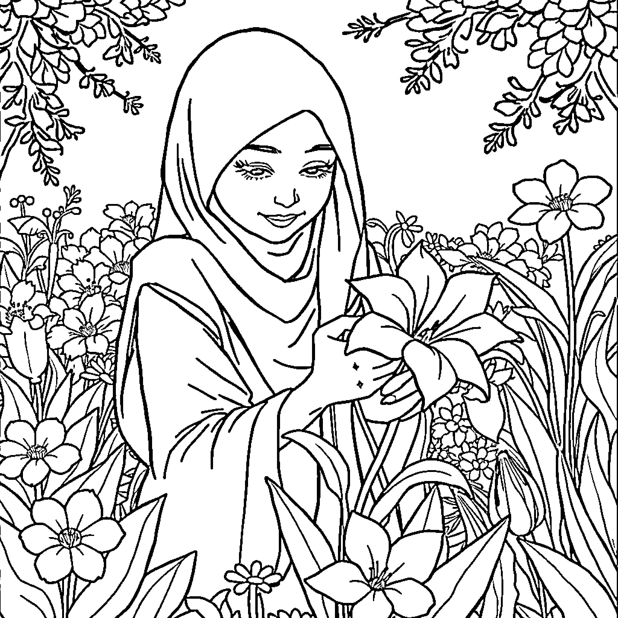 Princess surrounded by a floral garden Coloring Page (free black-and-white line drawing printable PDF for all, from beginners to advanced learners, including children, teens, adults, and seniors)