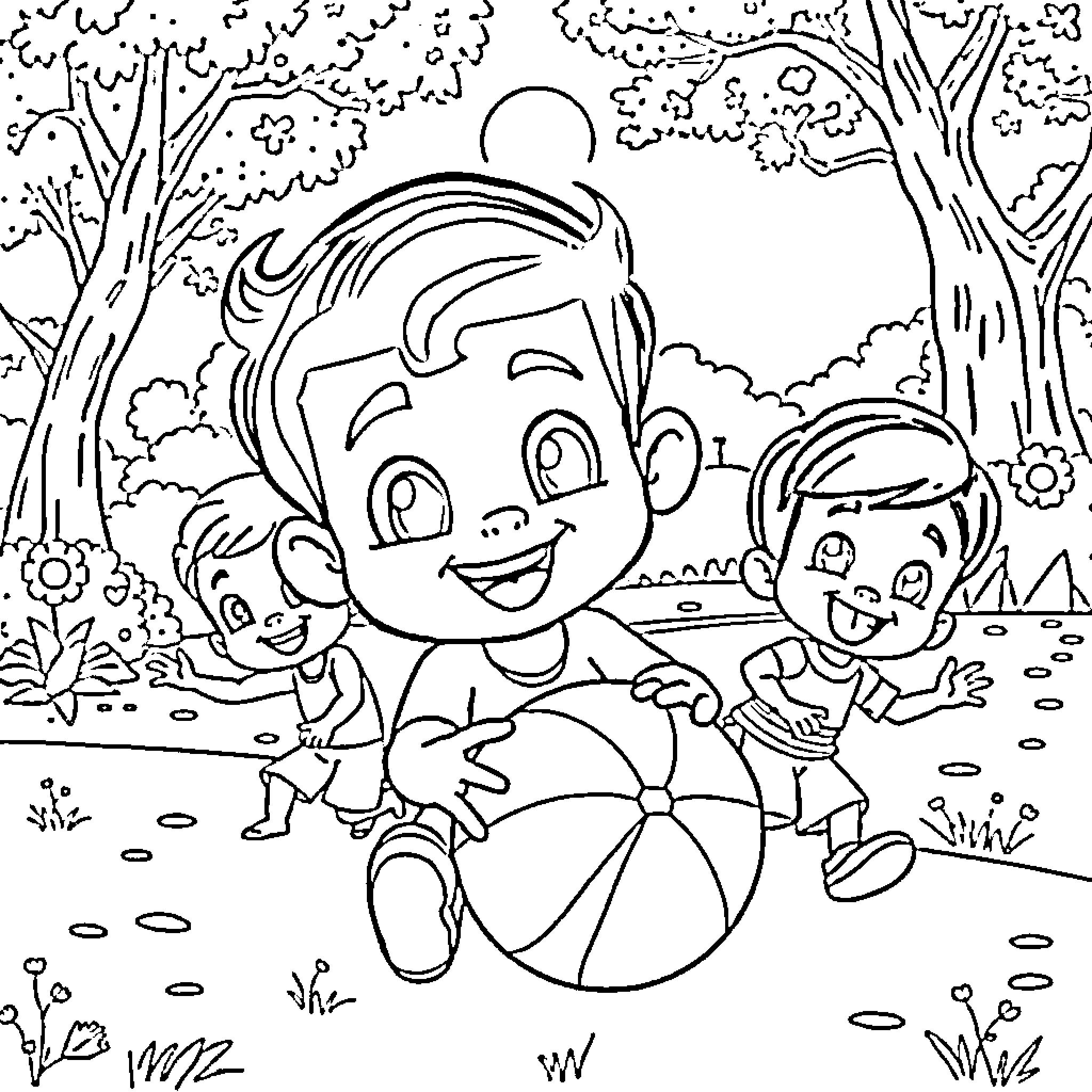Bheem playing joyfully with friends in the outdoors Coloring Page (free black-and-white line drawing printable PDF for all, from beginners to advanced learners, including children, teens, adults, and seniors)