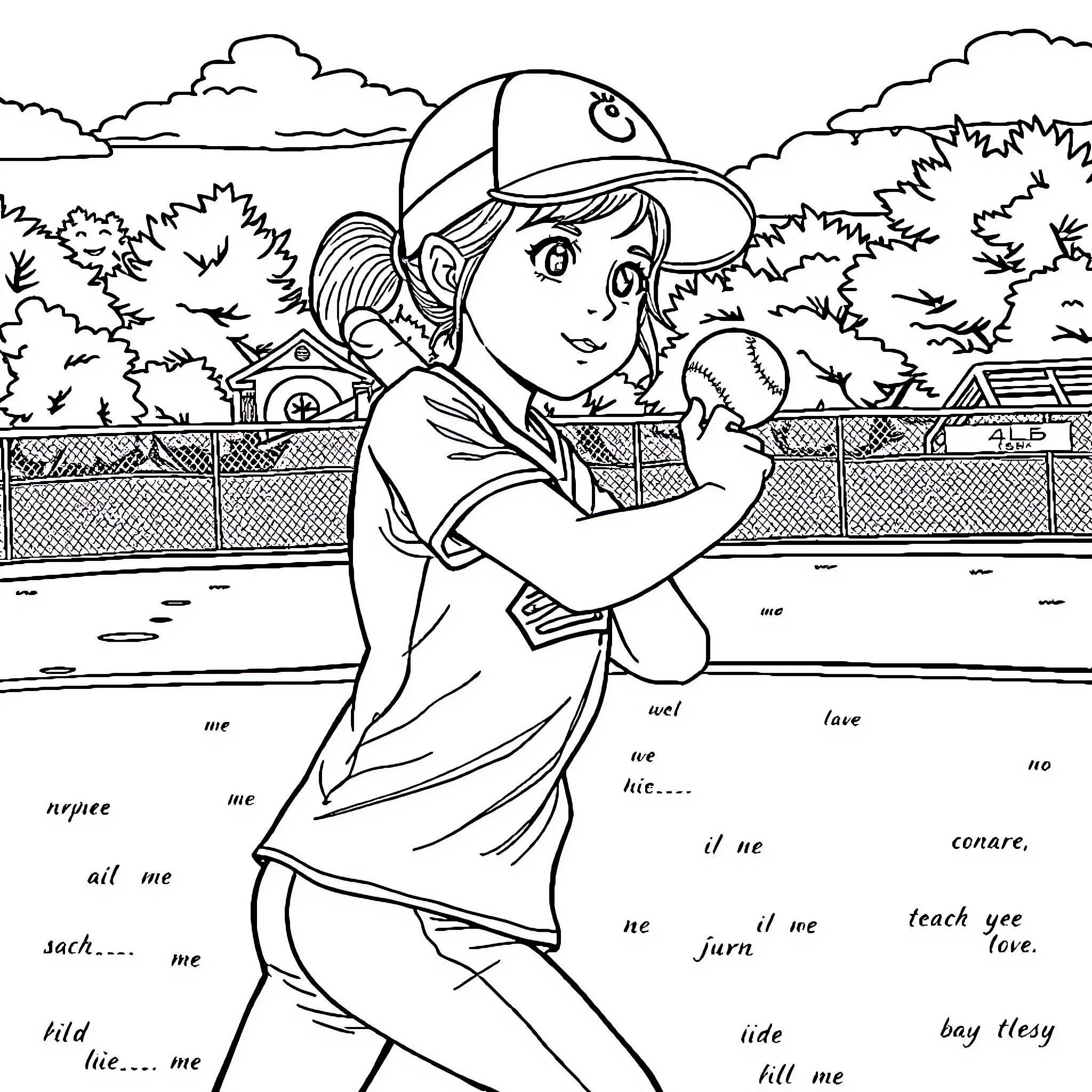 Girl playing baseball on the field Coloring Page (free black-and-white line drawing printable PDF for all, from beginners to advanced learners, including children, teens, adults, and seniors)