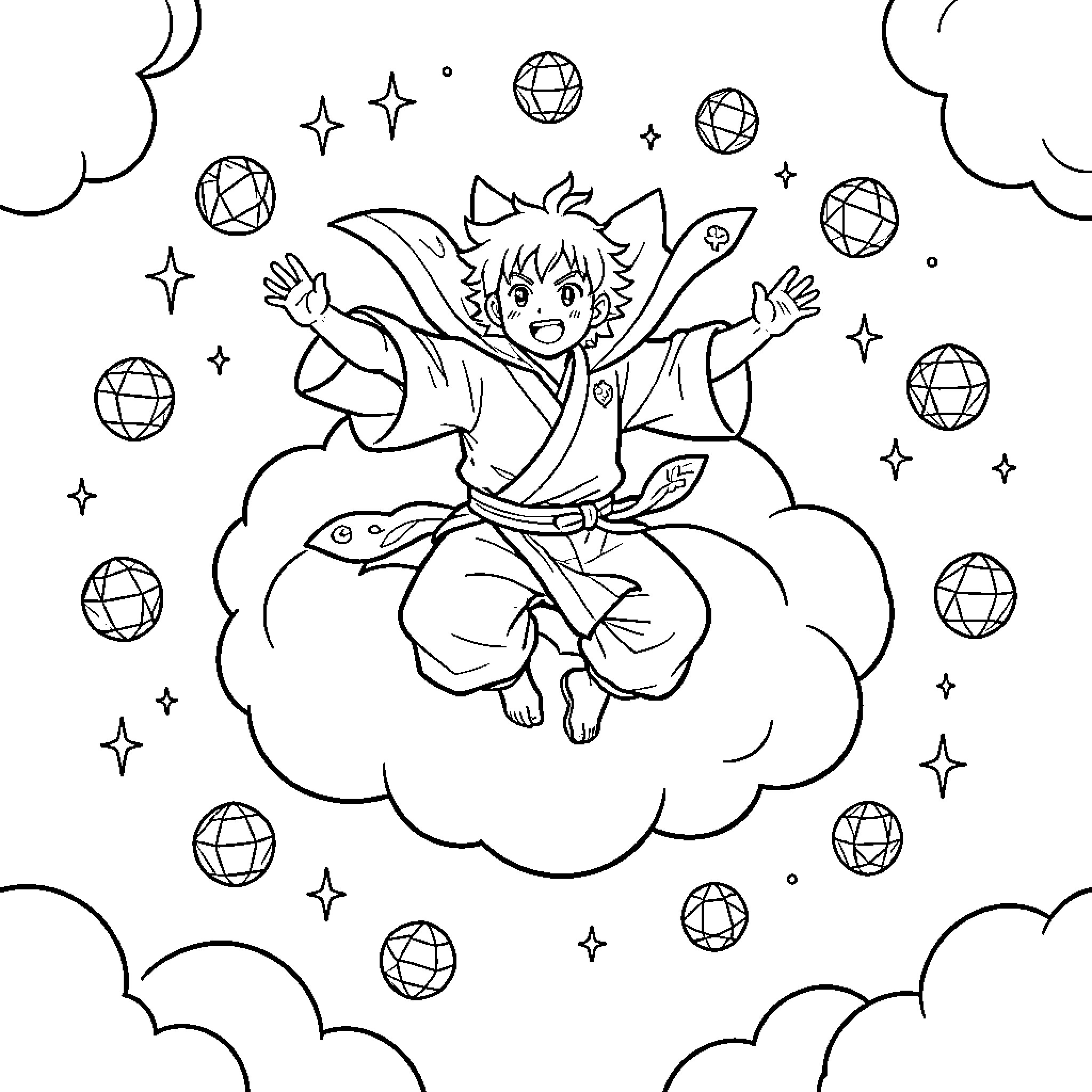 Sangoku flying joyfully on a magical cloud Coloring Page (free black-and-white line drawing printable PDF for all, from beginners to advanced learners, including children, teens, adults, and seniors)