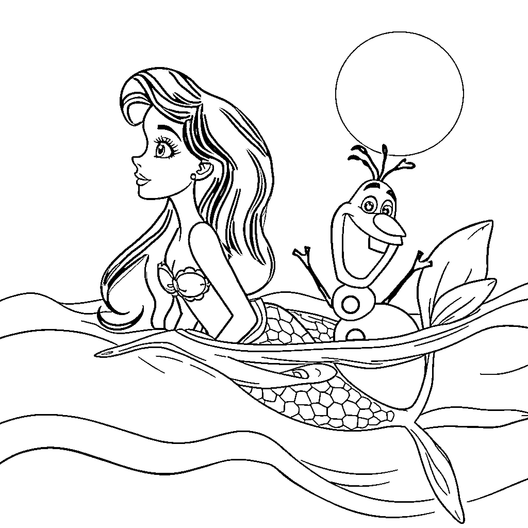 Ariel and Olaf enjoying an aquatic adventure Coloring Page (free black-and-white line drawing printable PDF for all, from beginners to advanced learners, including children, teens, adults, and seniors)