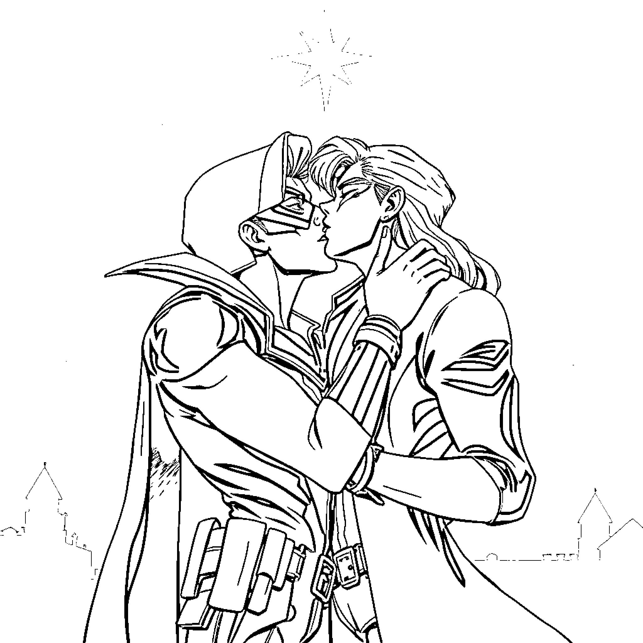 Rogue Lovers Embrace Under Starry Sky Coloring Page (free black-and-white line drawing printable PDF for all, from beginners to advanced learners, including children, teens, adults, and seniors)