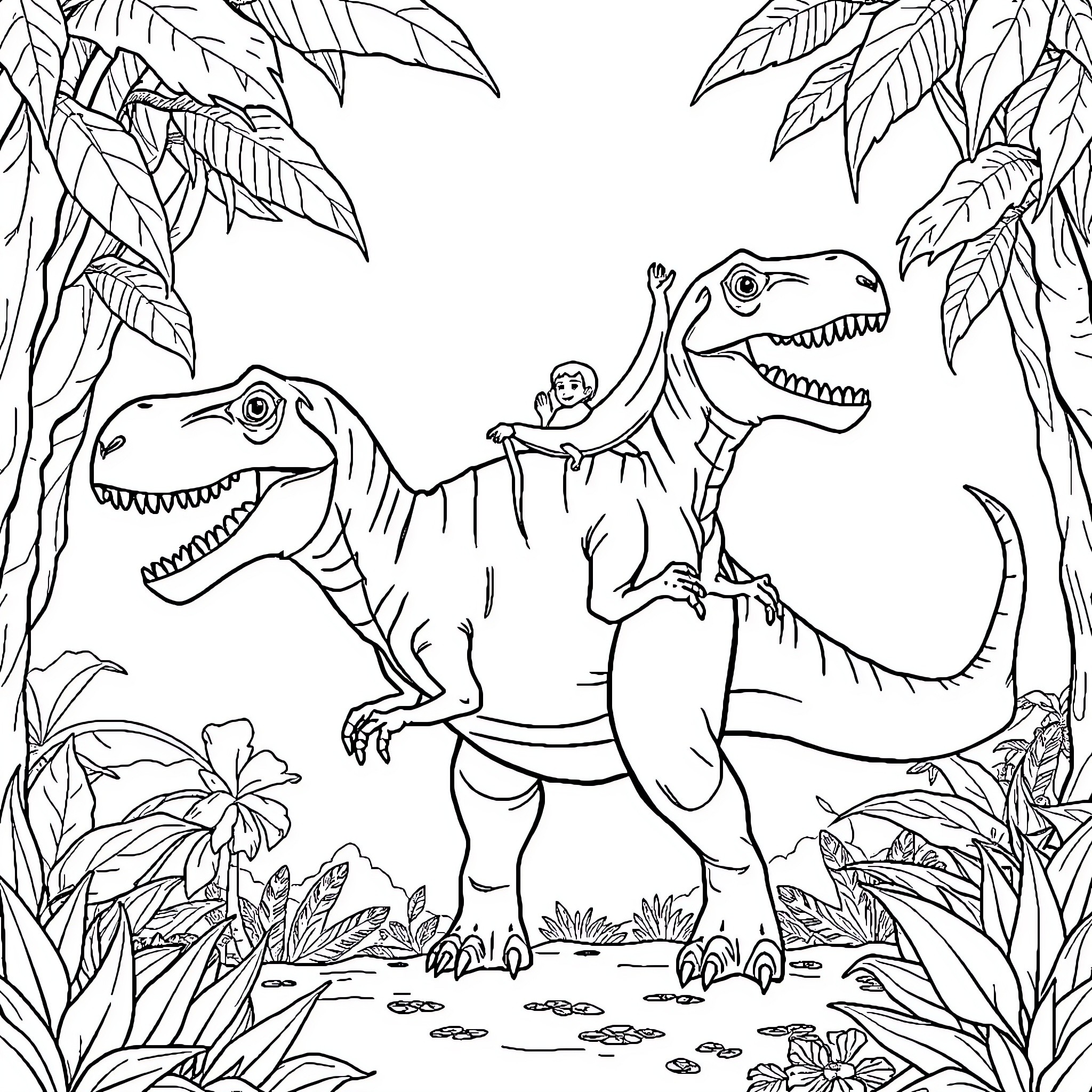 Banana Riding Dinosaurs in the Jungle Coloring Page (free black-and-white line drawing printable PDF for all, from beginners to advanced learners, including children, teens, adults, and seniors)