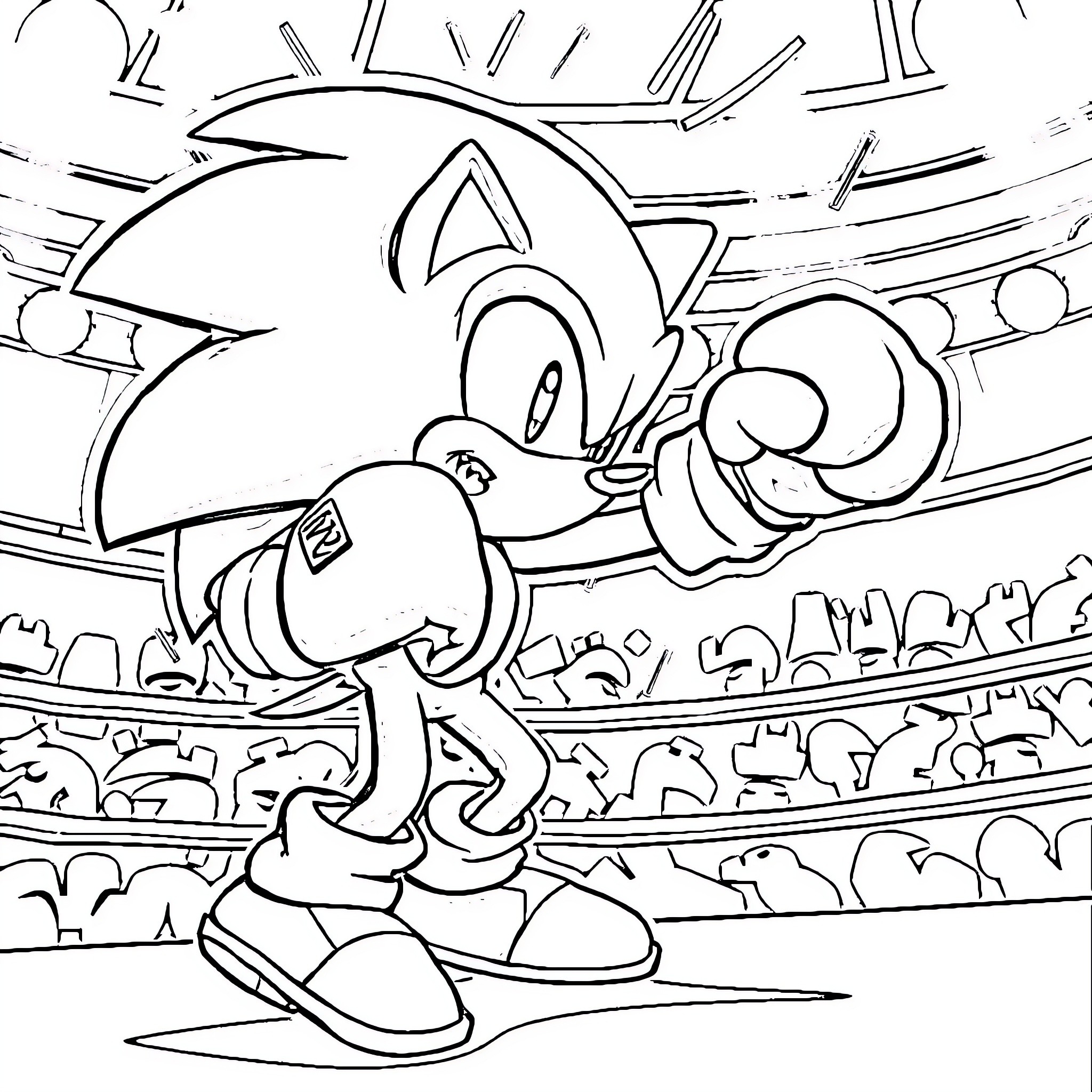 Sonic leaping with enthusiasm in an action-packed scene Coloring Page (free black-and-white line drawing printable PDF for all, from beginners to advanced learners, including children, teens, adults, and seniors)