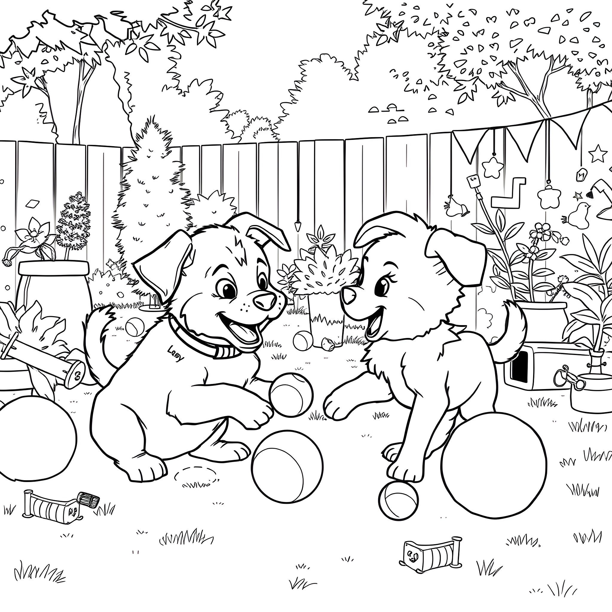 Bluey's Playful Pups in the Backyard Coloring Page (free black-and-white line drawing printable PDF for all, from beginners to advanced learners, including children, teens, adults, and seniors)