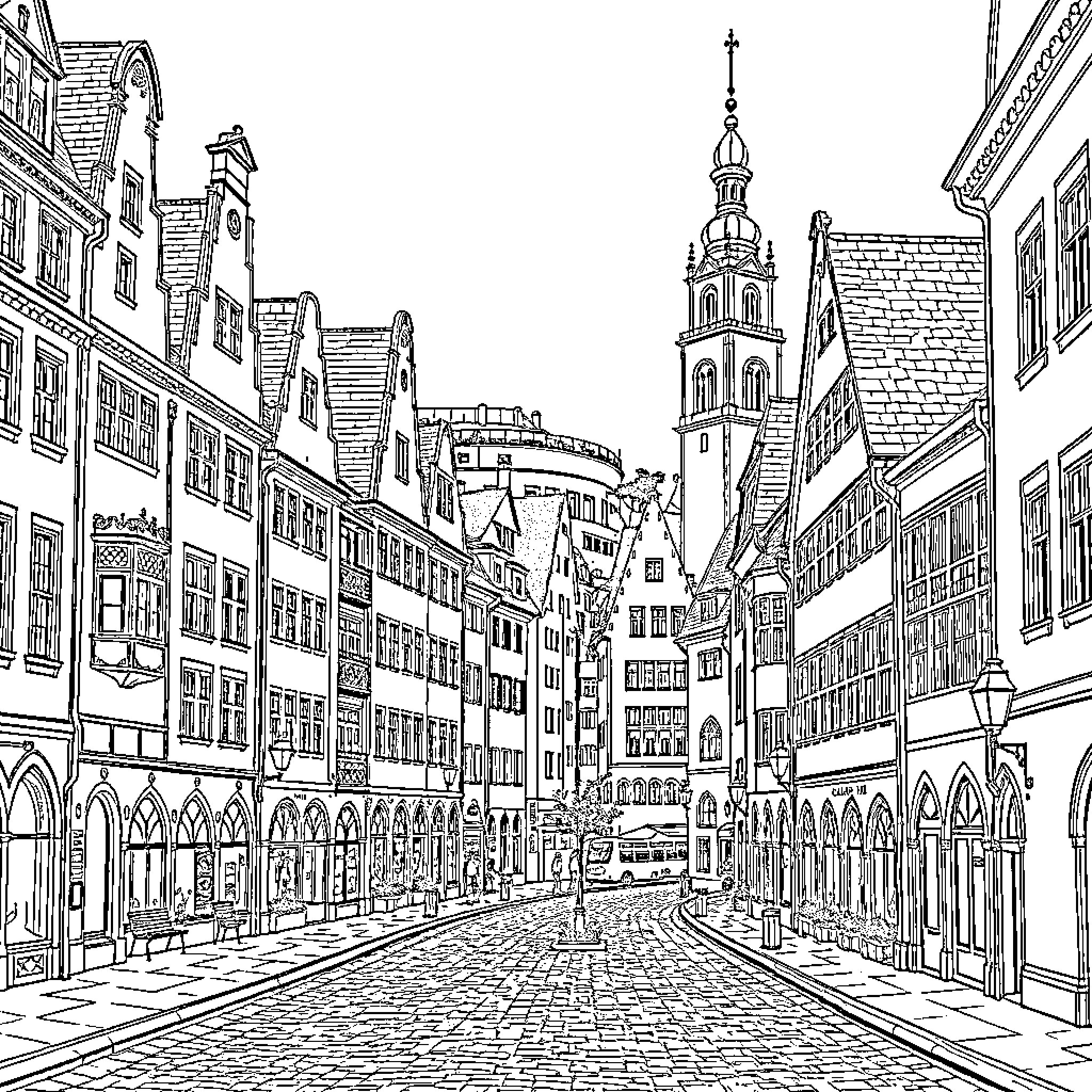 Augsburg's Historic Cityscape and Architecture Coloring Page (free black-and-white line drawing printable PDF for all, from beginners to advanced learners, including children, teens, adults, and seniors)