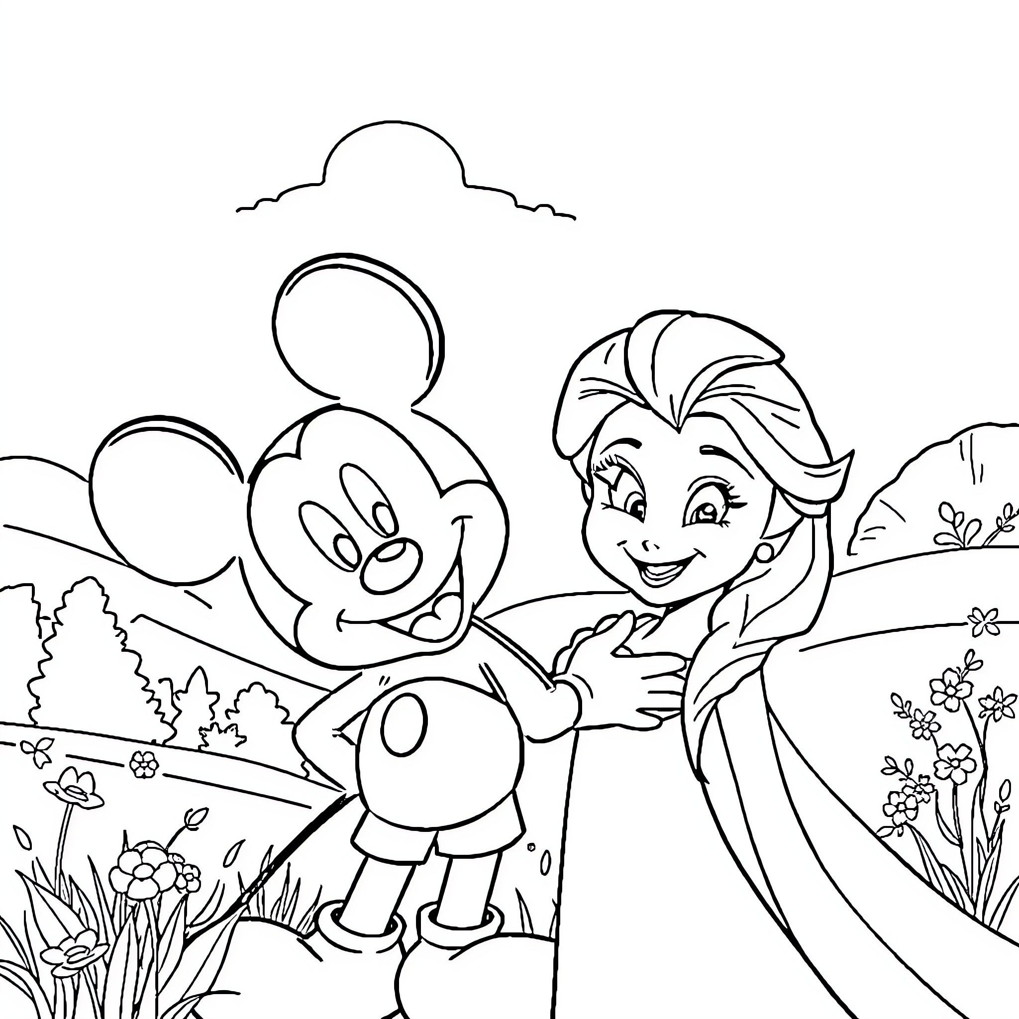 Mickey Mouse and Elsa explore a magical garden Coloring Page (free black-and-white line drawing printable PDF for all, from beginners to advanced learners, including children, teens, adults, and seniors)