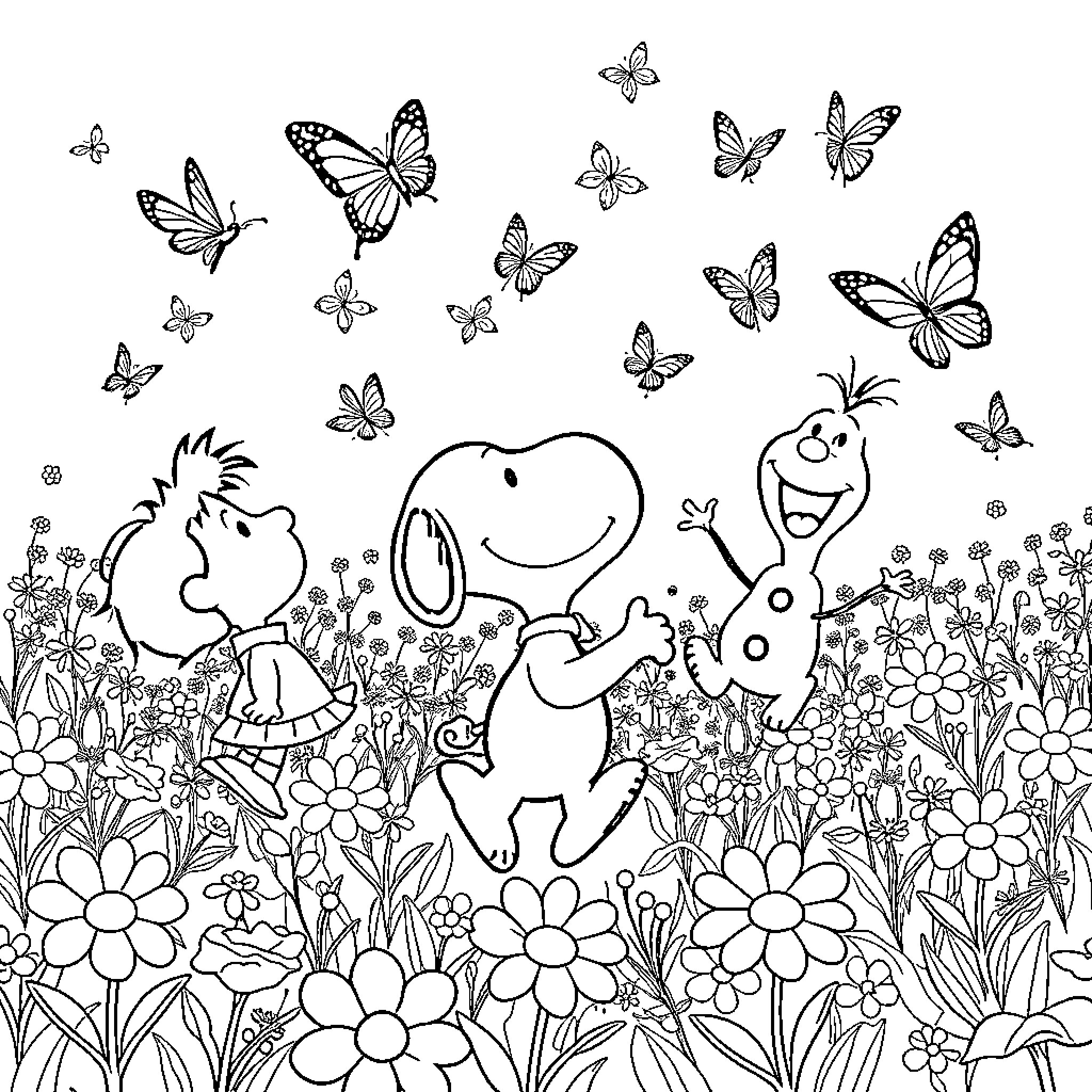 Character characters playing happily in flower garden Coloring Page (free black-and-white line drawing printable PDF for all, from beginners to advanced learners, including children, teens, adults, and seniors)