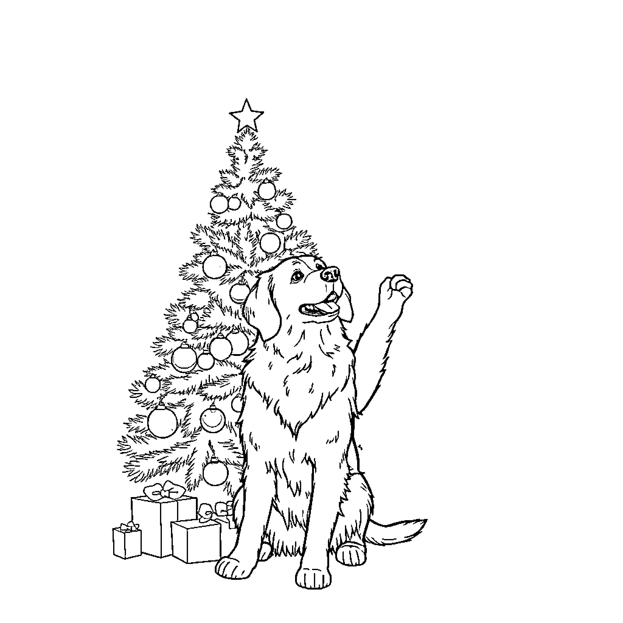 Golden Retriever celebrating Christmas with decorated tree Coloring Page (free black-and-white line drawing printable PDF for all, from beginners to advanced learners, including children, teens, adults, and seniors)