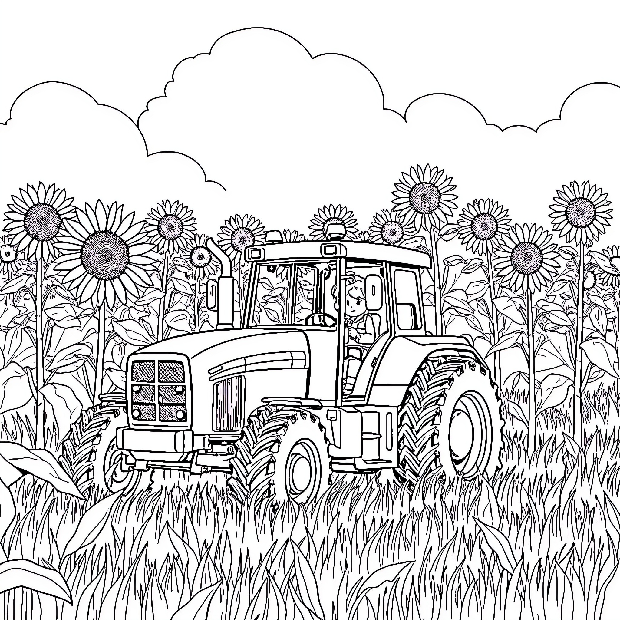 Tractor working in a sunflower field Coloring Page (free black-and-white line drawing printable PDF for all, from beginners to advanced learners, including children, teens, adults, and seniors)