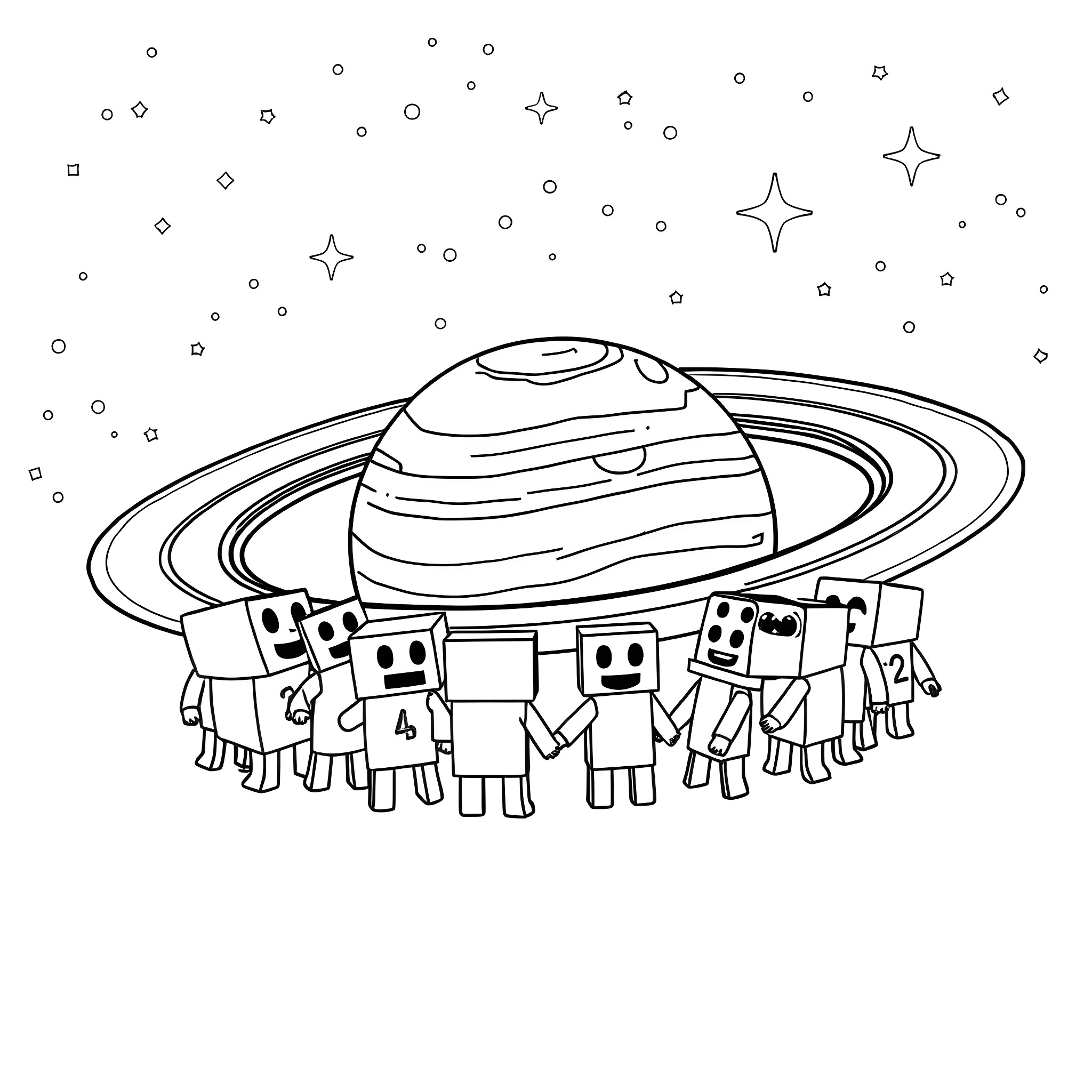 Numberblock characters exploring the galaxy Coloring Page (free black-and-white line drawing printable PDF for all, from beginners to advanced learners, including children, teens, adults, and seniors)