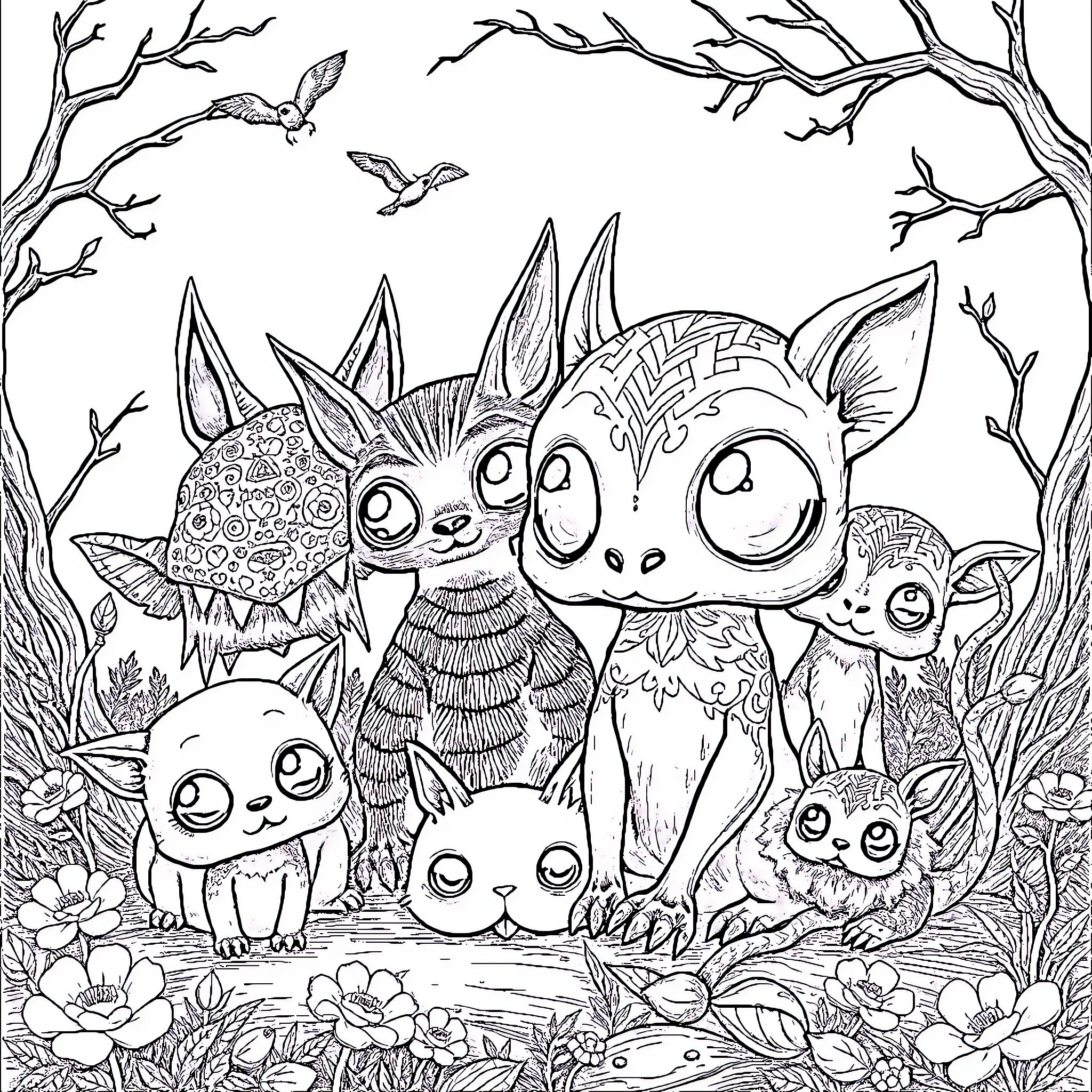 Animal Forest Creatures in Whimsical Woodland Scene Coloring Page (free black-and-white line drawing printable PDF for all, from beginners to advanced learners, including children, teens, adults, and seniors)
